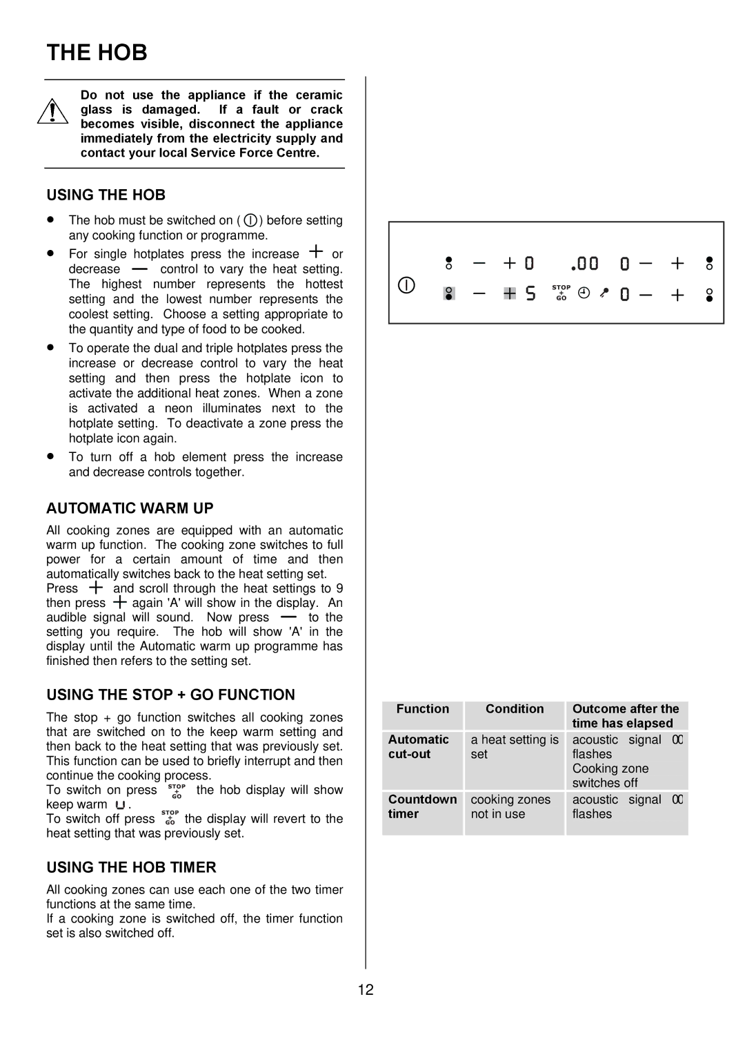 Electrolux D98000VF operating instructions Hob, Automatic Warm UP, Using the Stop + GO Function, Using the HOB Timer 