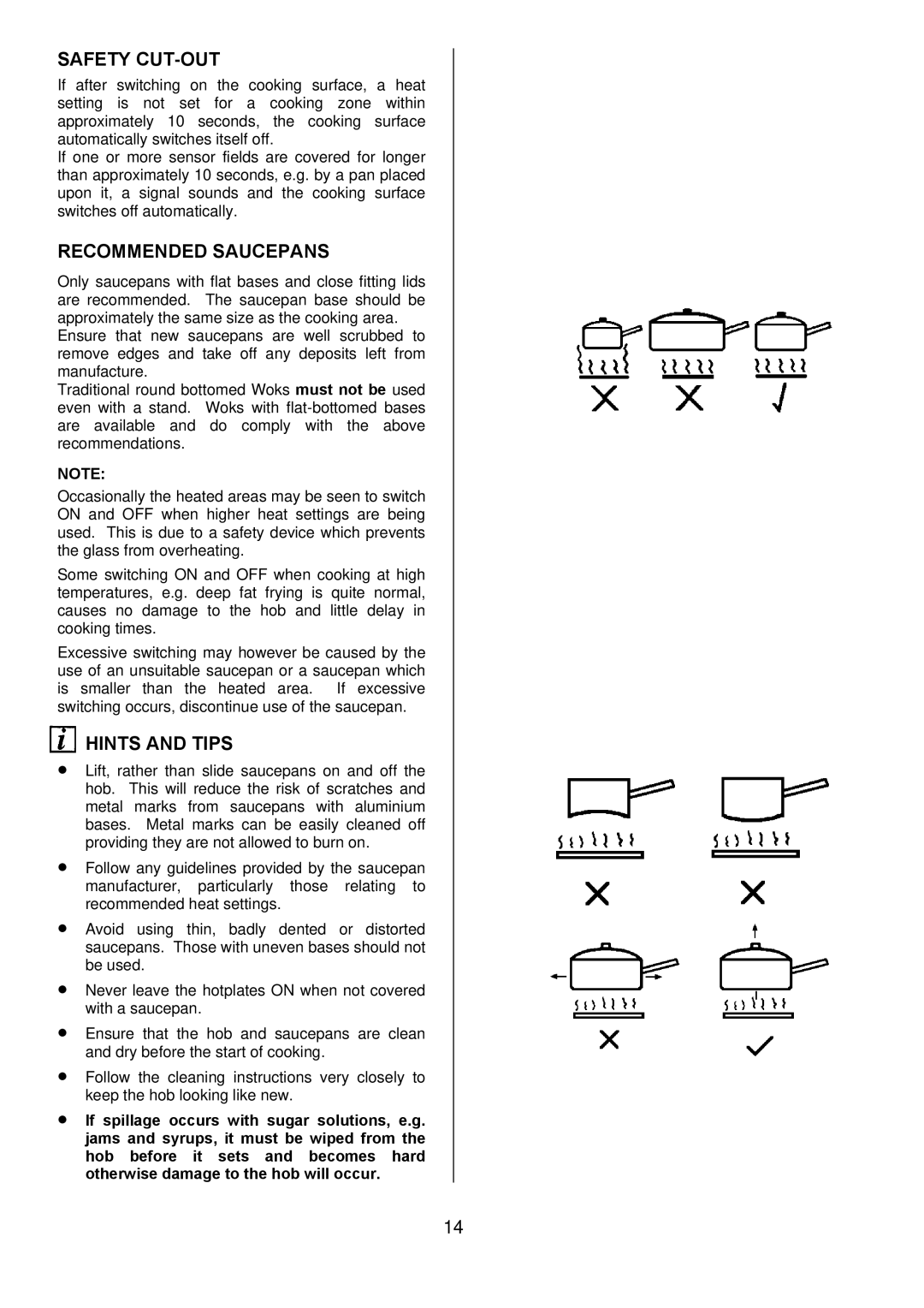 Electrolux D98000VF operating instructions Safety CUT-OUT, Recommended Saucepans, Hints and Tips 