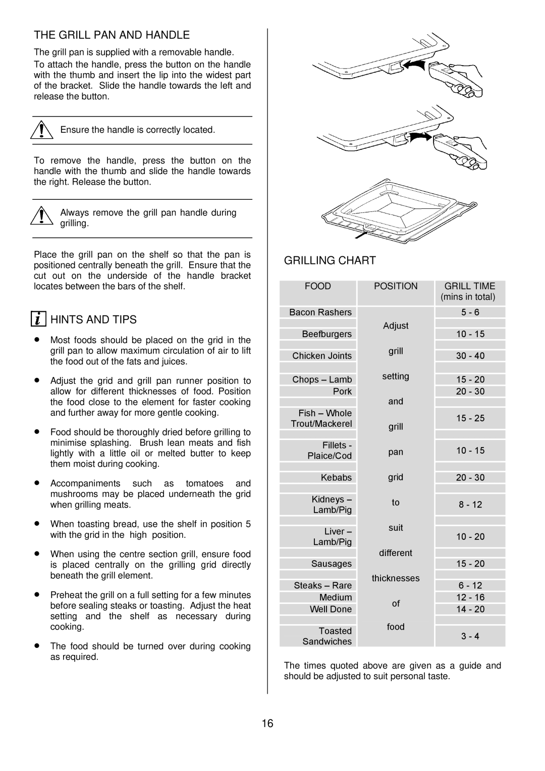 Electrolux D98000VF operating instructions Grill PAN and Handle, Grilling Chart, Food, Position, Grill Time 