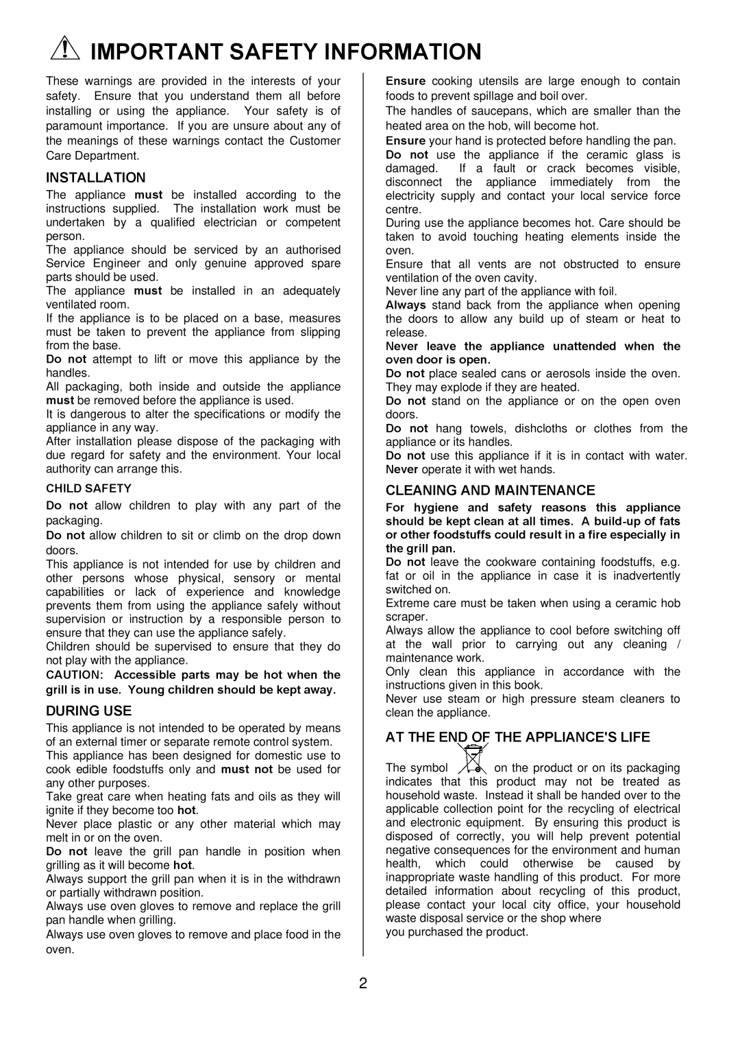 Electrolux D98000VF operating instructions Important Safety Information, Child Safety 