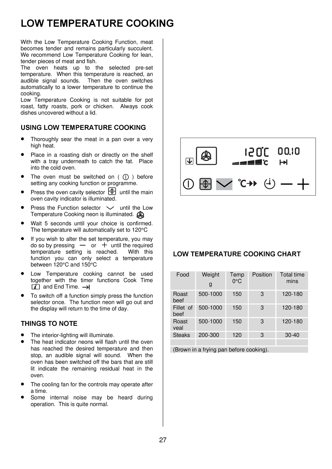 Electrolux D98000VF operating instructions Using LOW Temperature Cooking, LOW Temperature Cooking Chart 