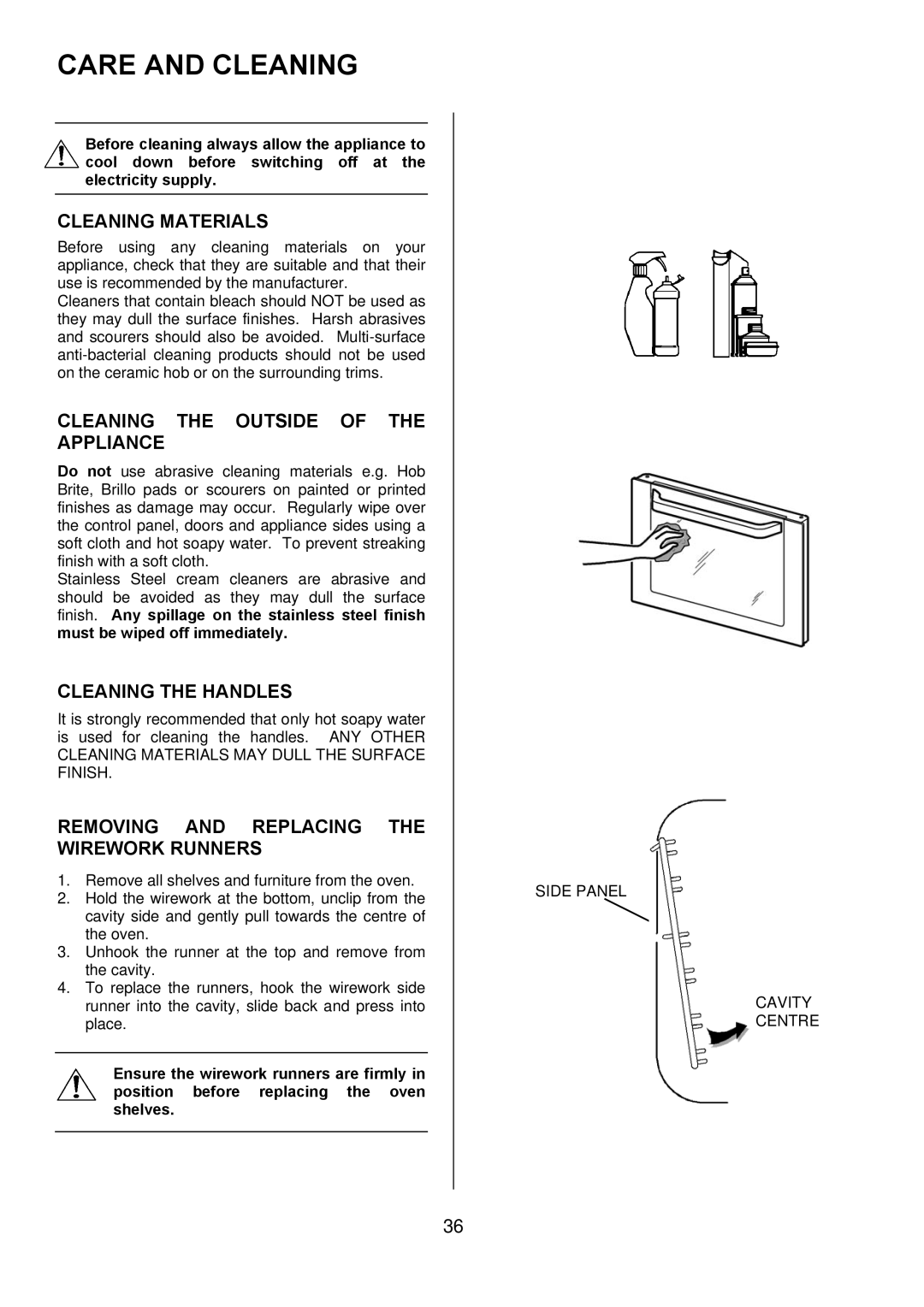 Electrolux D98000VF Care and Cleaning, Cleaning Materials, Cleaning the Outside of the Appliance, Cleaning the Handles 