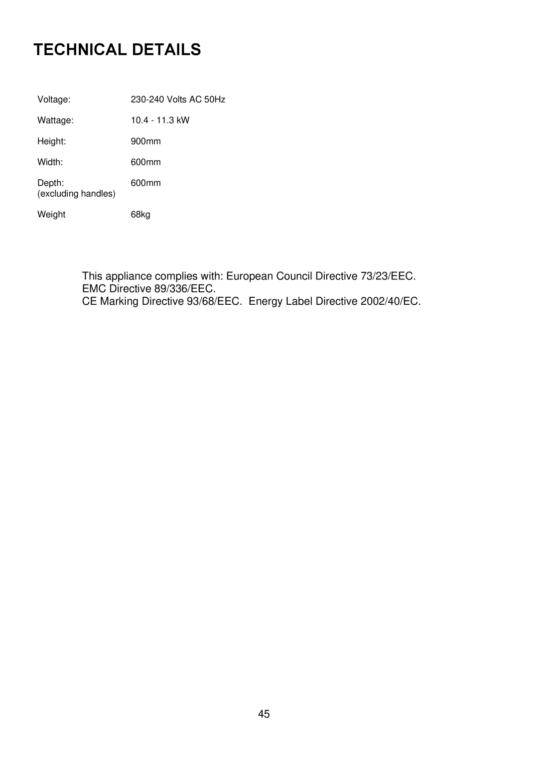 Electrolux D98000VF operating instructions Technical Details 