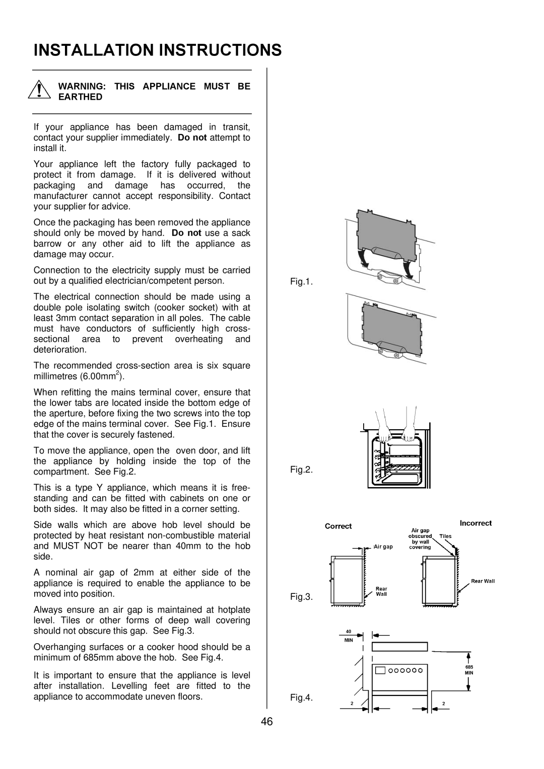Electrolux D98000VF operating instructions Installation Instructions 
