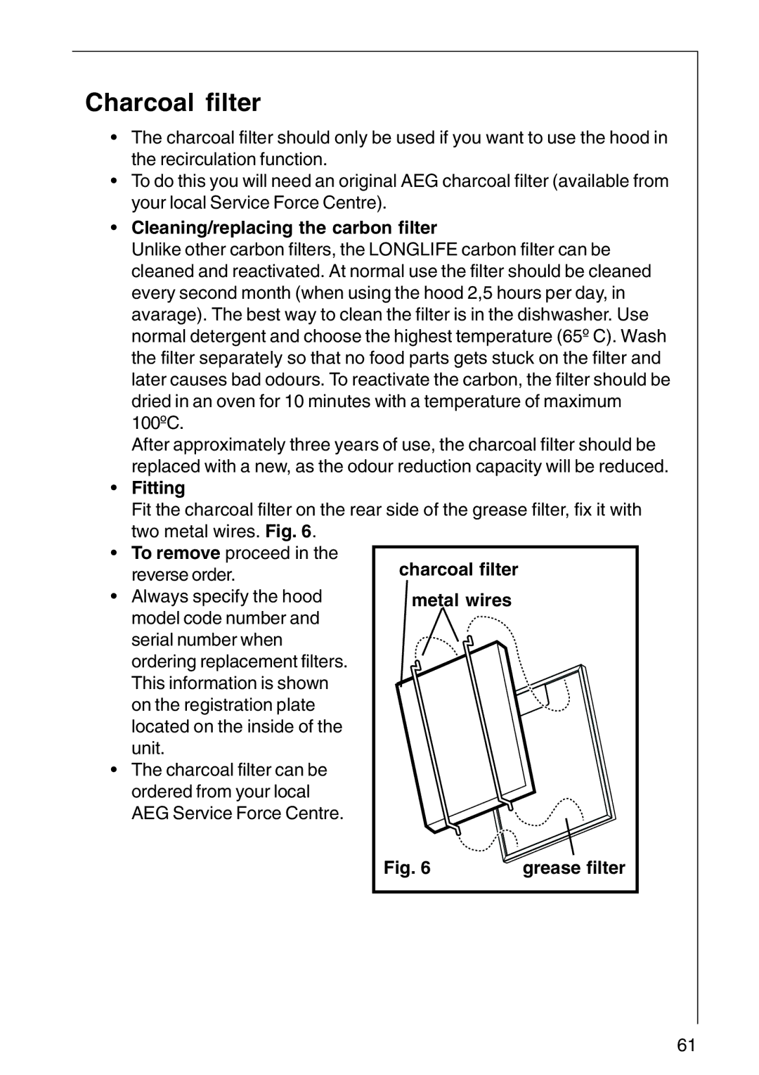 Electrolux DD 8794, CHDD 8795 Charcoal filter, Cleaning/replacing the carbon filter, Fitting, Grease filter 