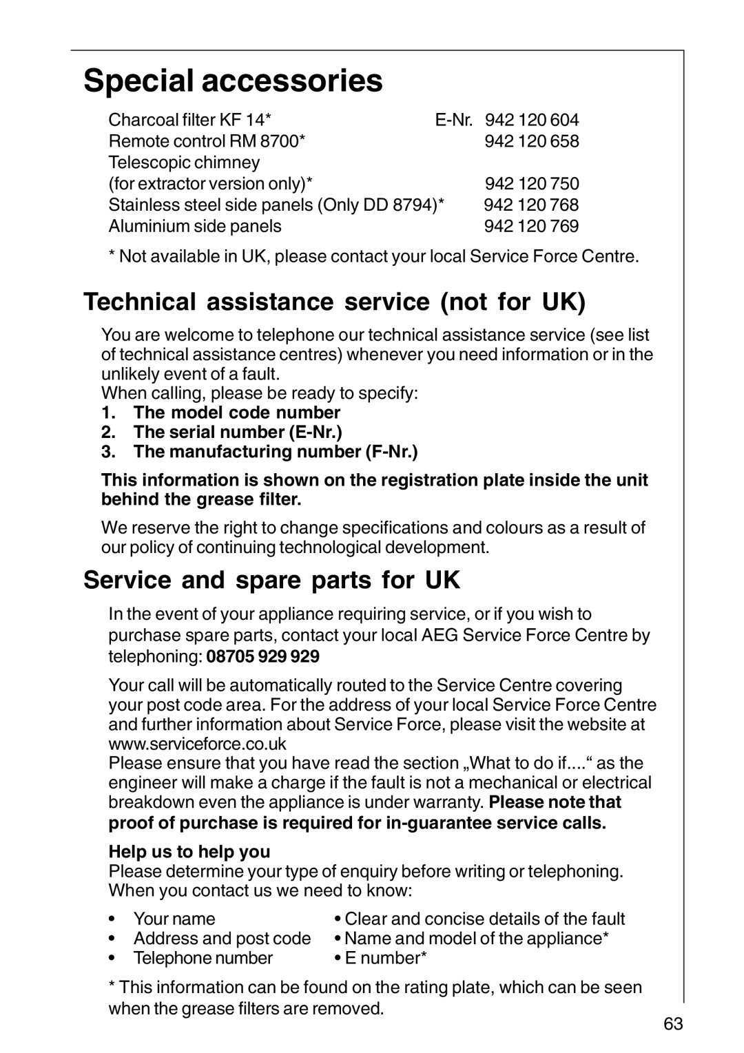 Electrolux DD 8794, DD 8795 Special accessories, Technical assistance service not for UK, Service and spare parts for UK 