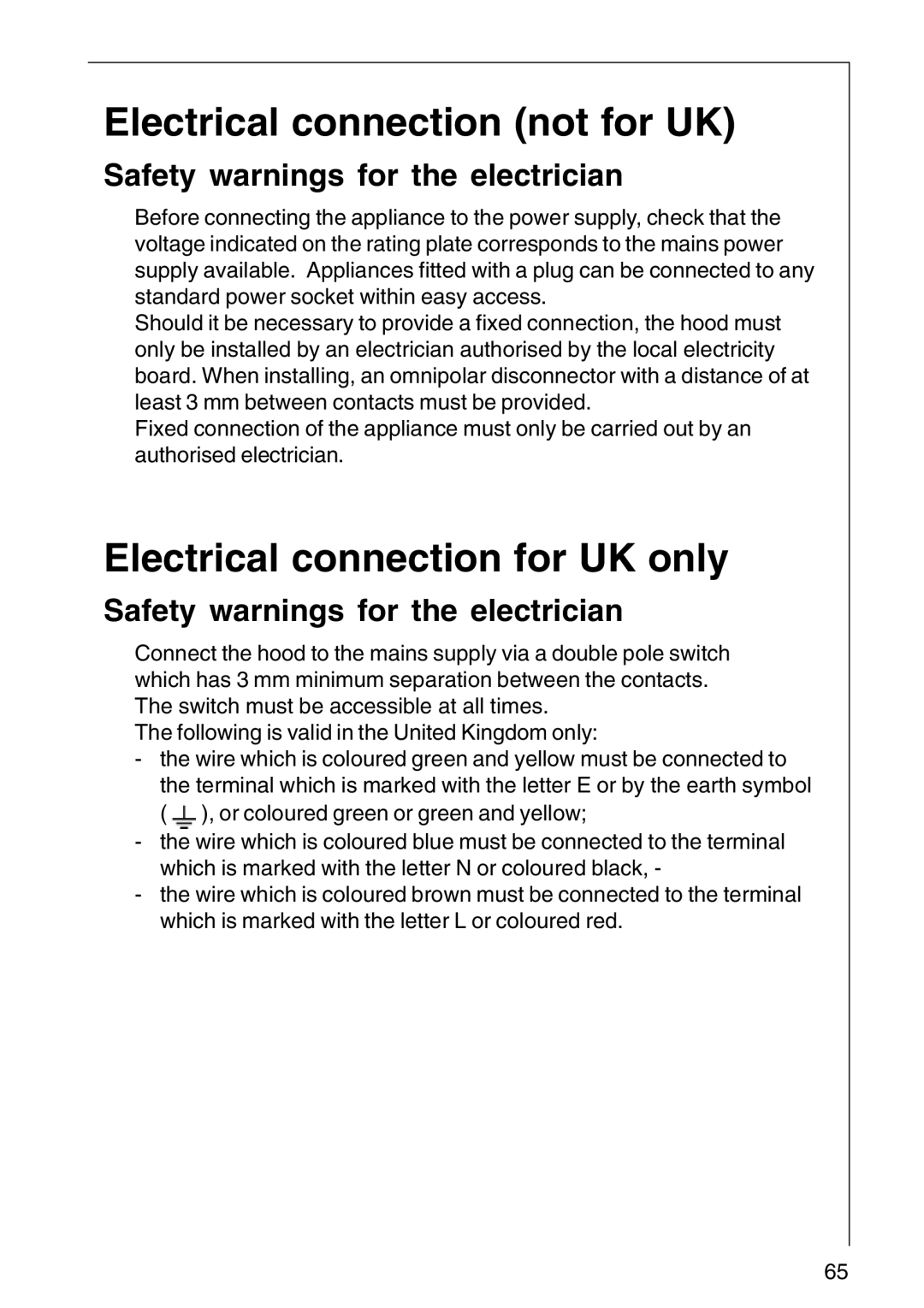 Electrolux CHDD 8795, DD 8794 installation instructions Electrical connection not for UK, Electrical connection for UK only 