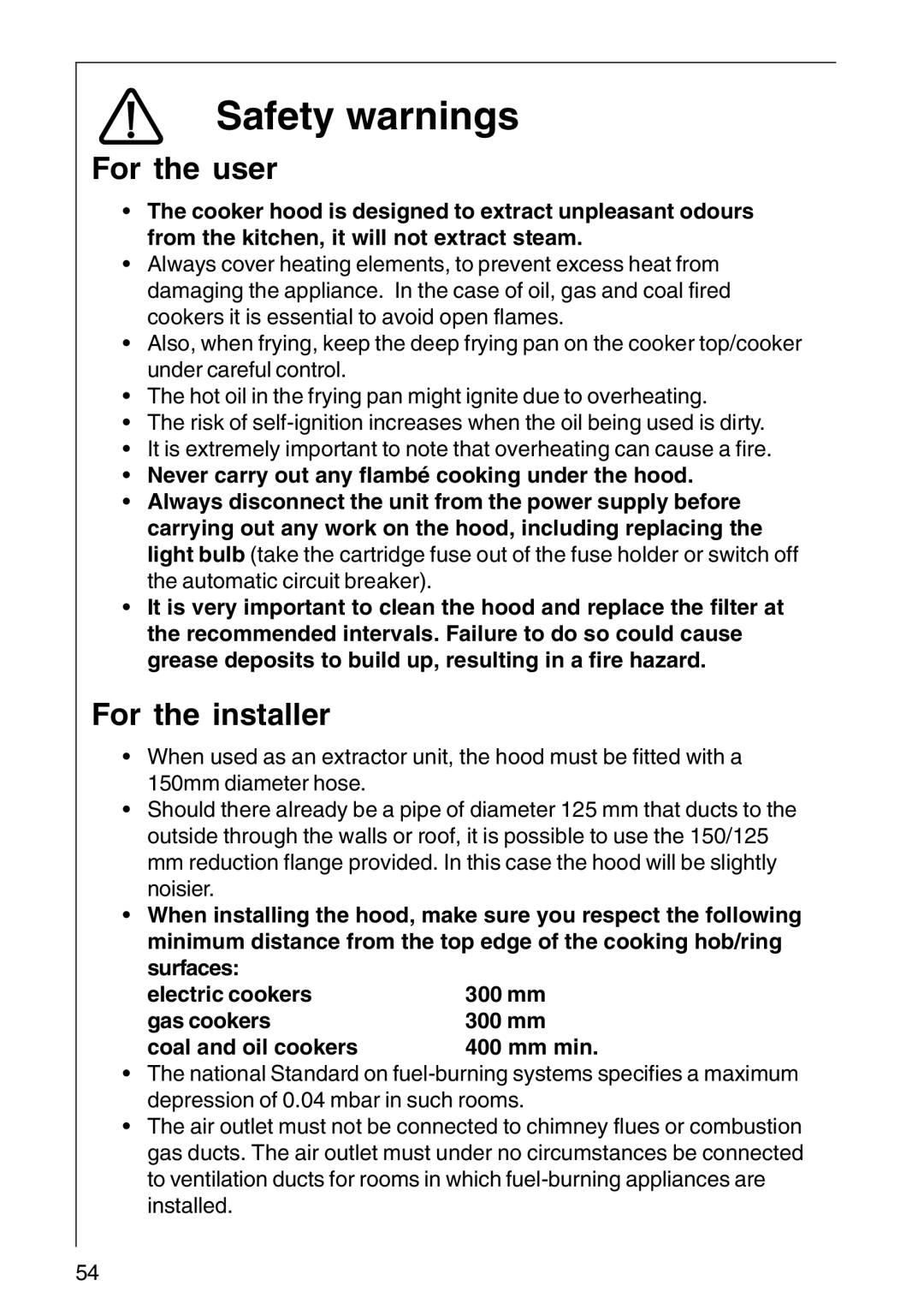 Electrolux DD 8794, CHDD 8795 installation instructions Safety warnings, For the user, For the installer 