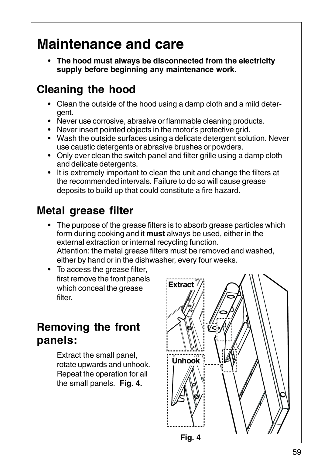 Electrolux CHDD 8795, DD 8794 Maintenance and care, Cleaning the hood, Metal grease filter, Removing the front panels 