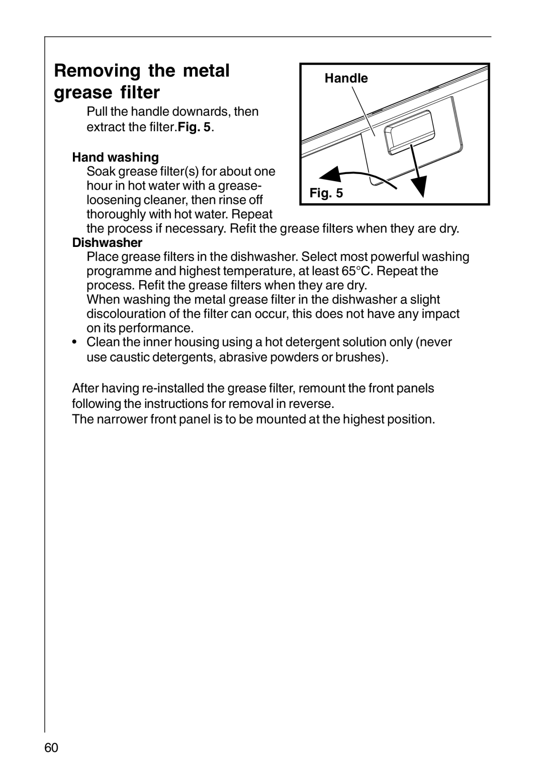 Electrolux DD 8794, CHDD 8795 Removing the metal, Grease filter, Handle, Hand washing, Dishwasher 