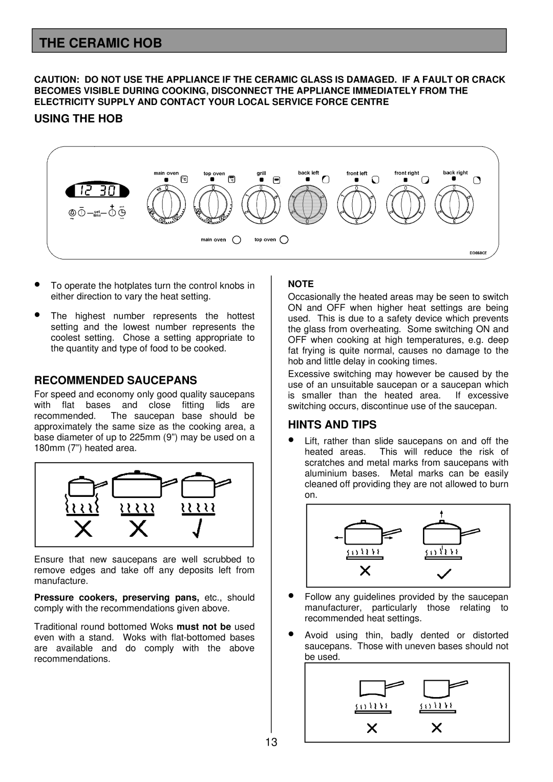 Electrolux DDO60CE manual Ceramic HOB, Using the HOB, Recommended Saucepans, Hints and Tips 