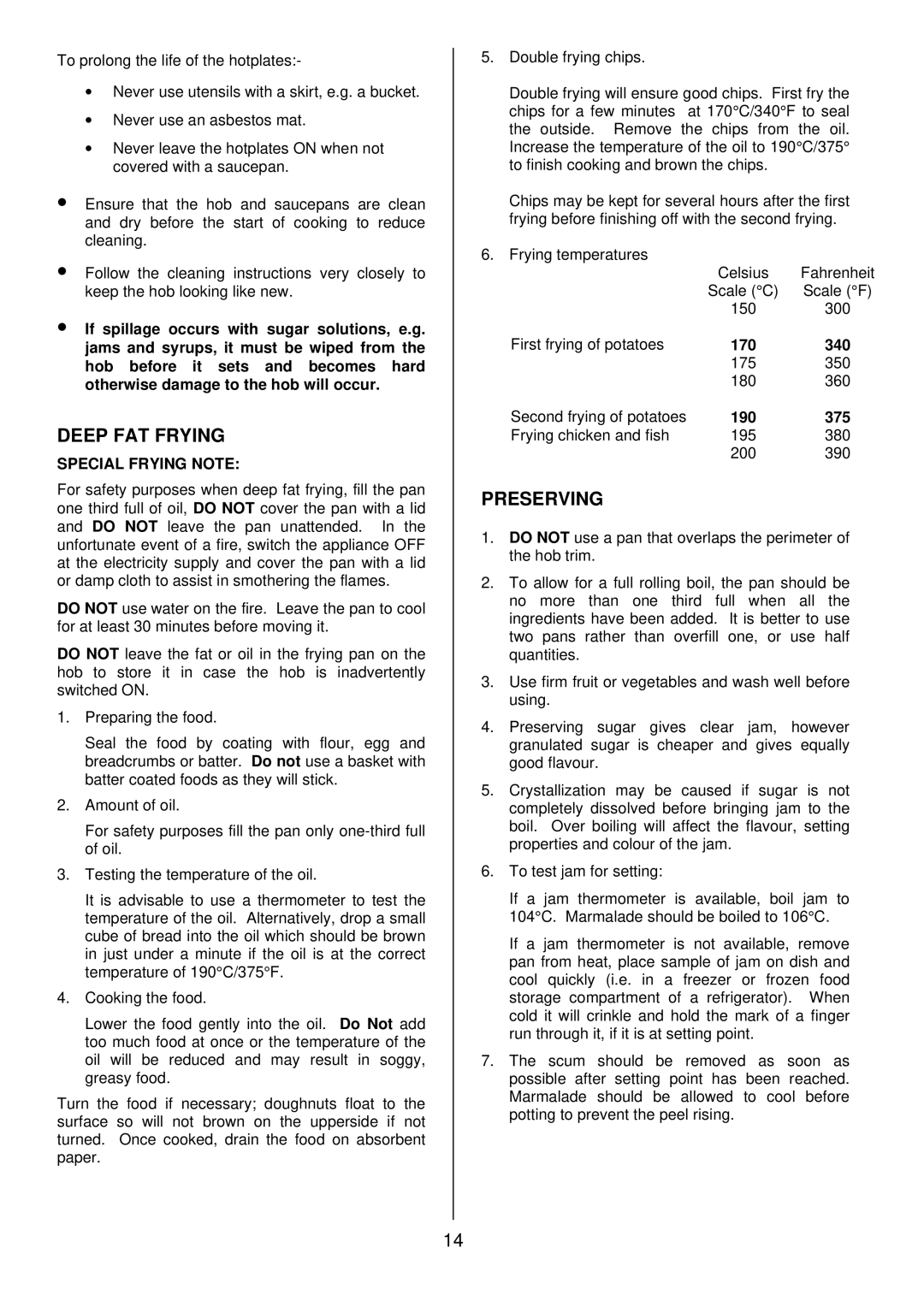 Electrolux DDO60CE manual Deep FAT Frying, Preserving, Special Frying Note 