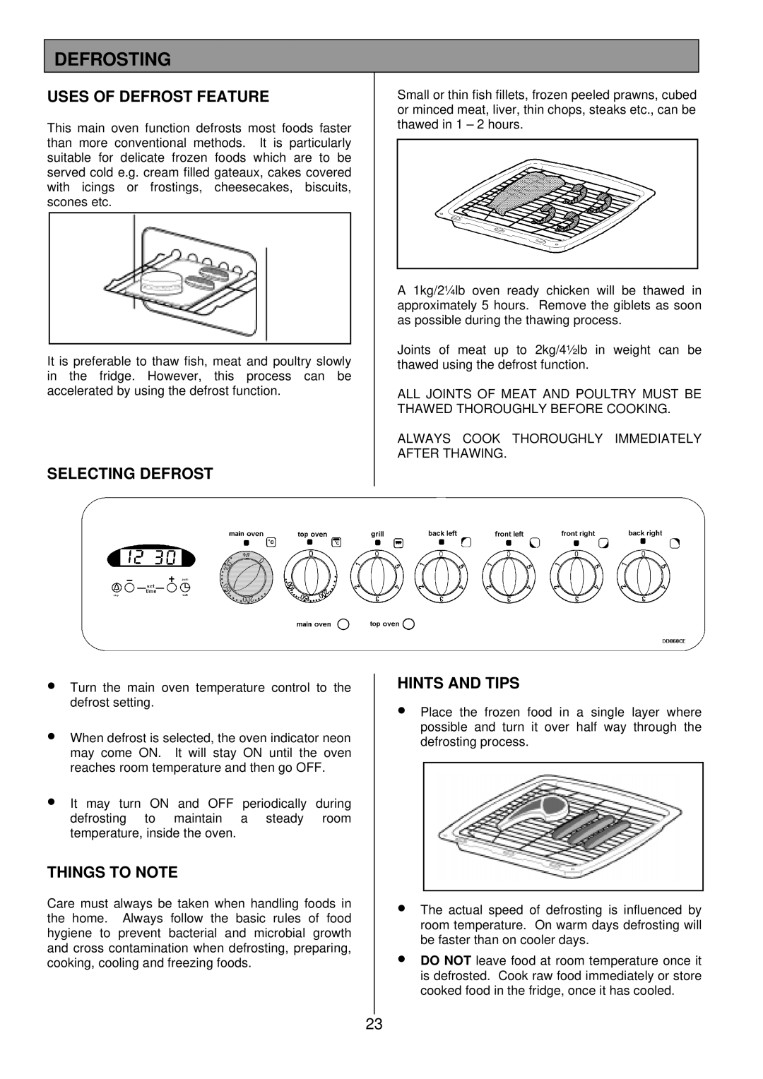 Electrolux DDO60CE manual Defrosting, Uses of Defrost Feature, Selecting Defrost 