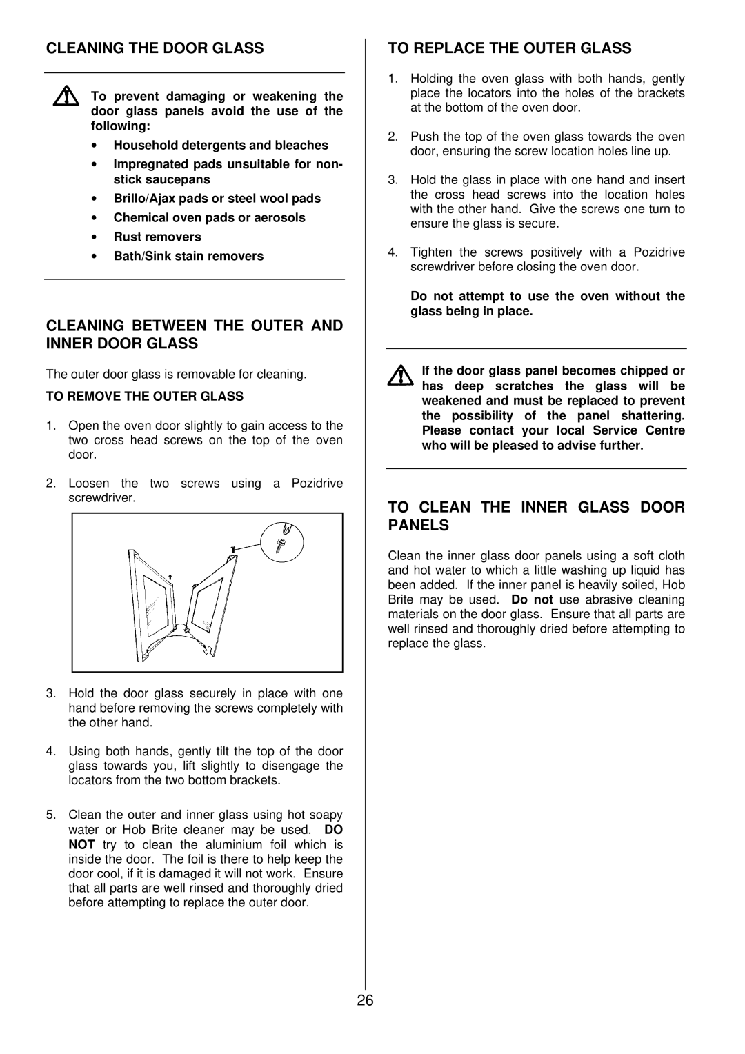 Electrolux DDO60CE Cleaning the Door Glass, Cleaning Between the Outer and Inner Door Glass, To Replace the Outer Glass 