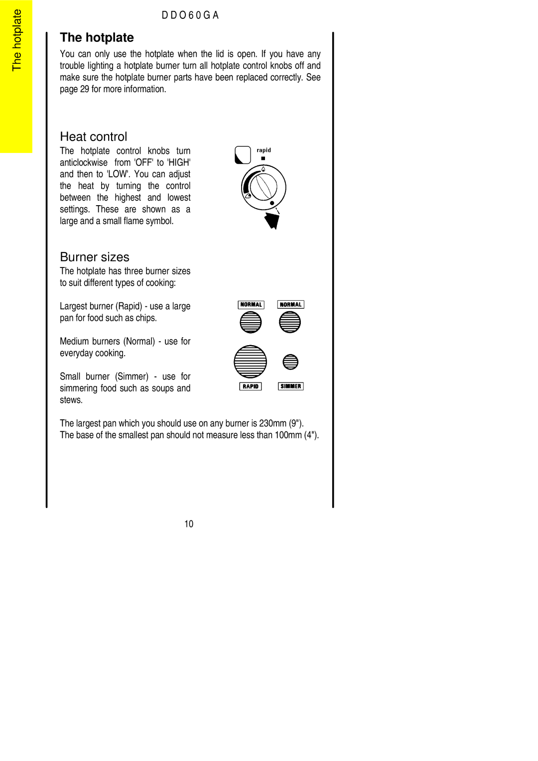 Electrolux DDO60GA manual Hotplate, Burner sizes 