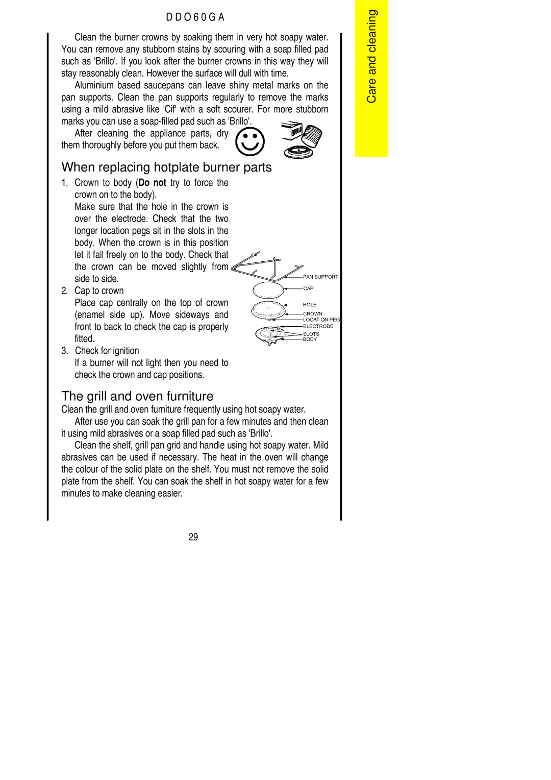 Electrolux DDO60GA manual When replacing hotplate burner parts, Grill and oven furniture 