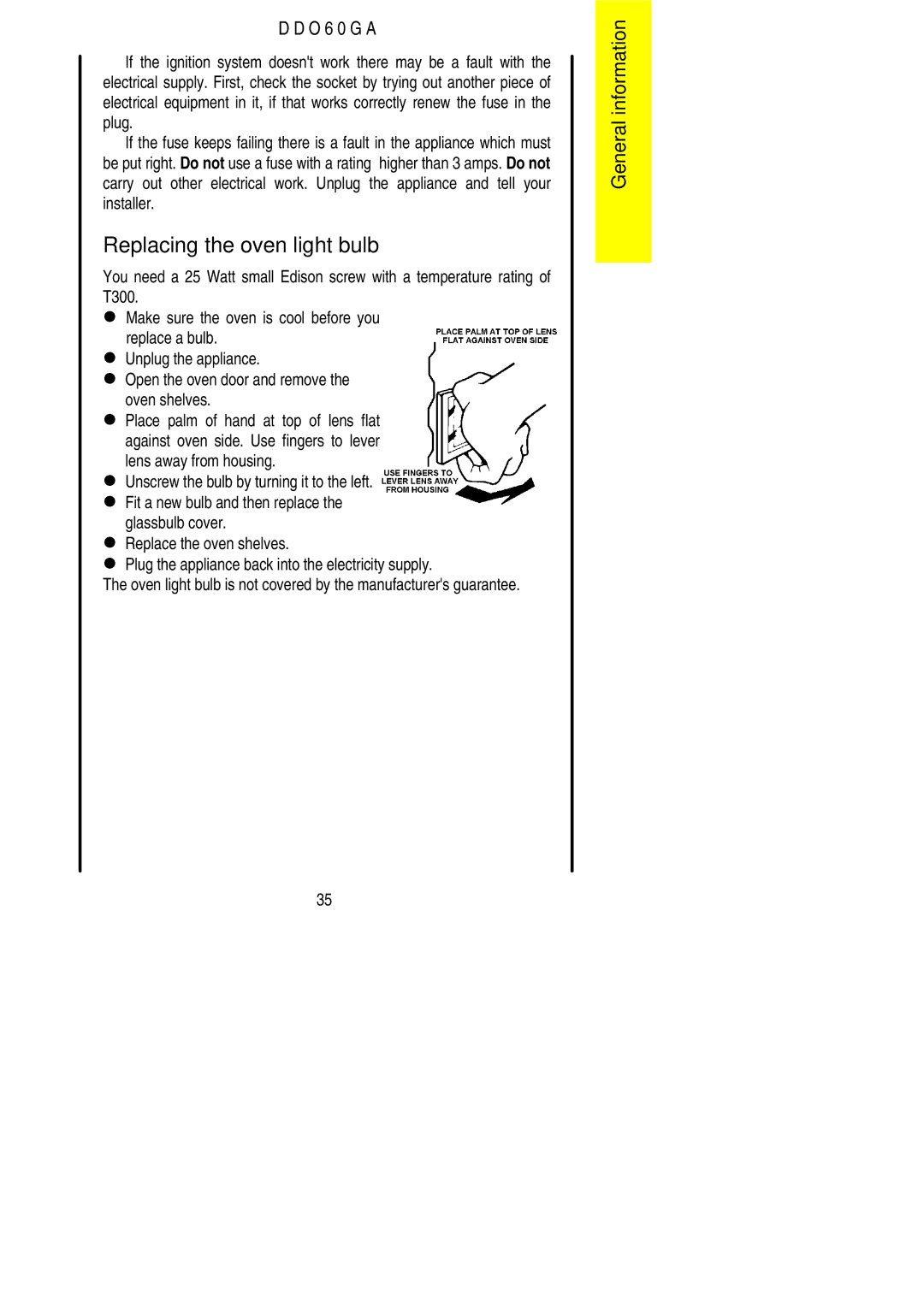 Electrolux DDO60GA manual Replacing the oven light bulb 