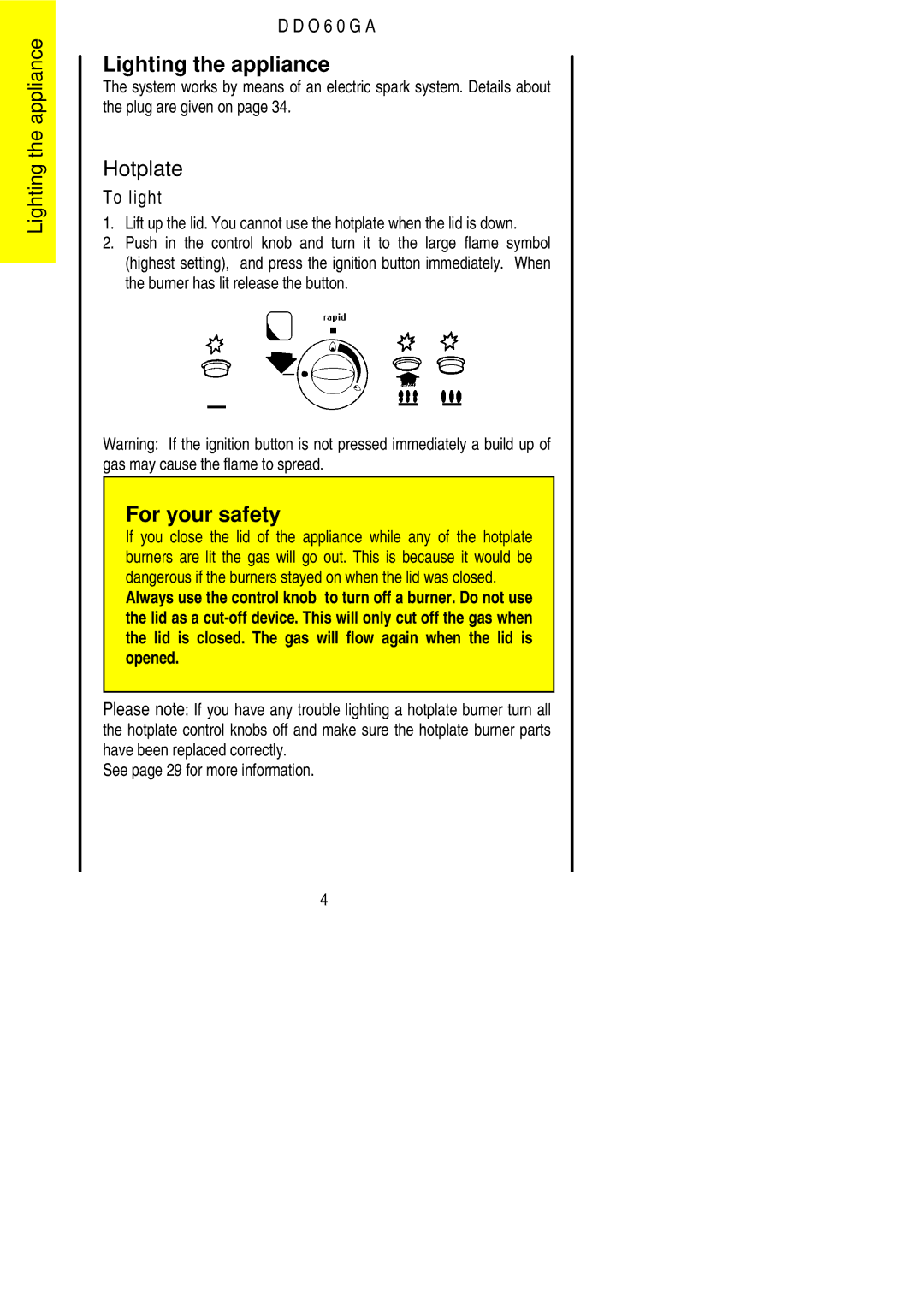 Electrolux DDO60GA manual Lighting the appliance, Hotplate 