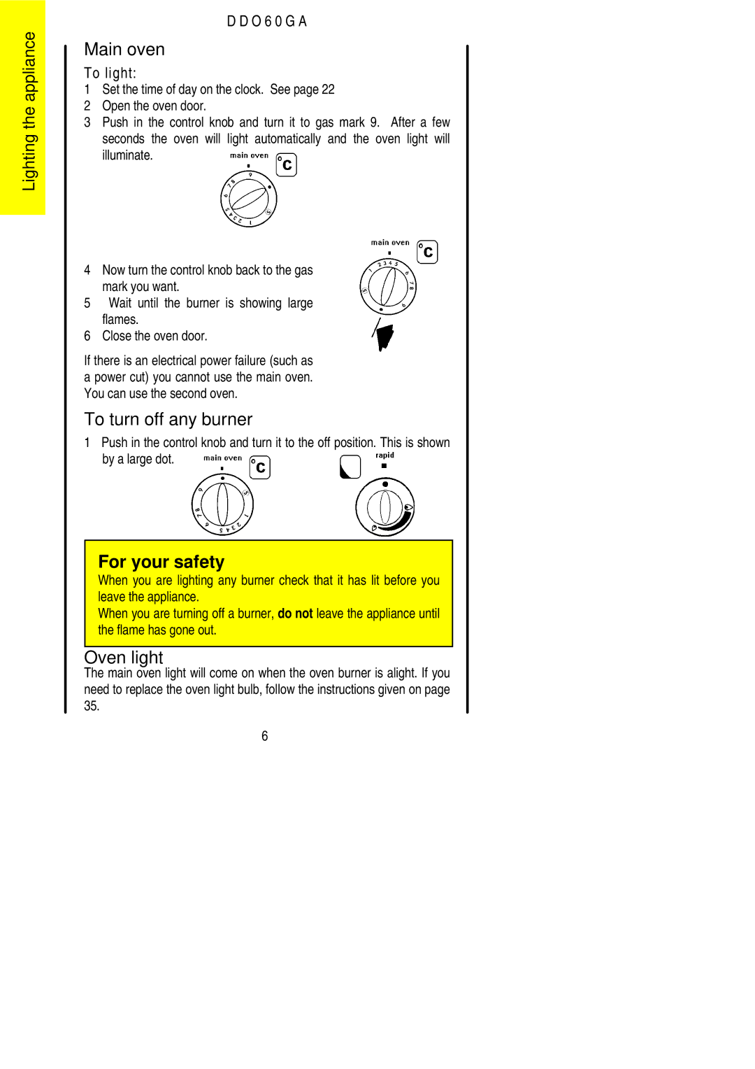 Electrolux DDO60GA manual Main oven, To turn off any burner, Oven light 