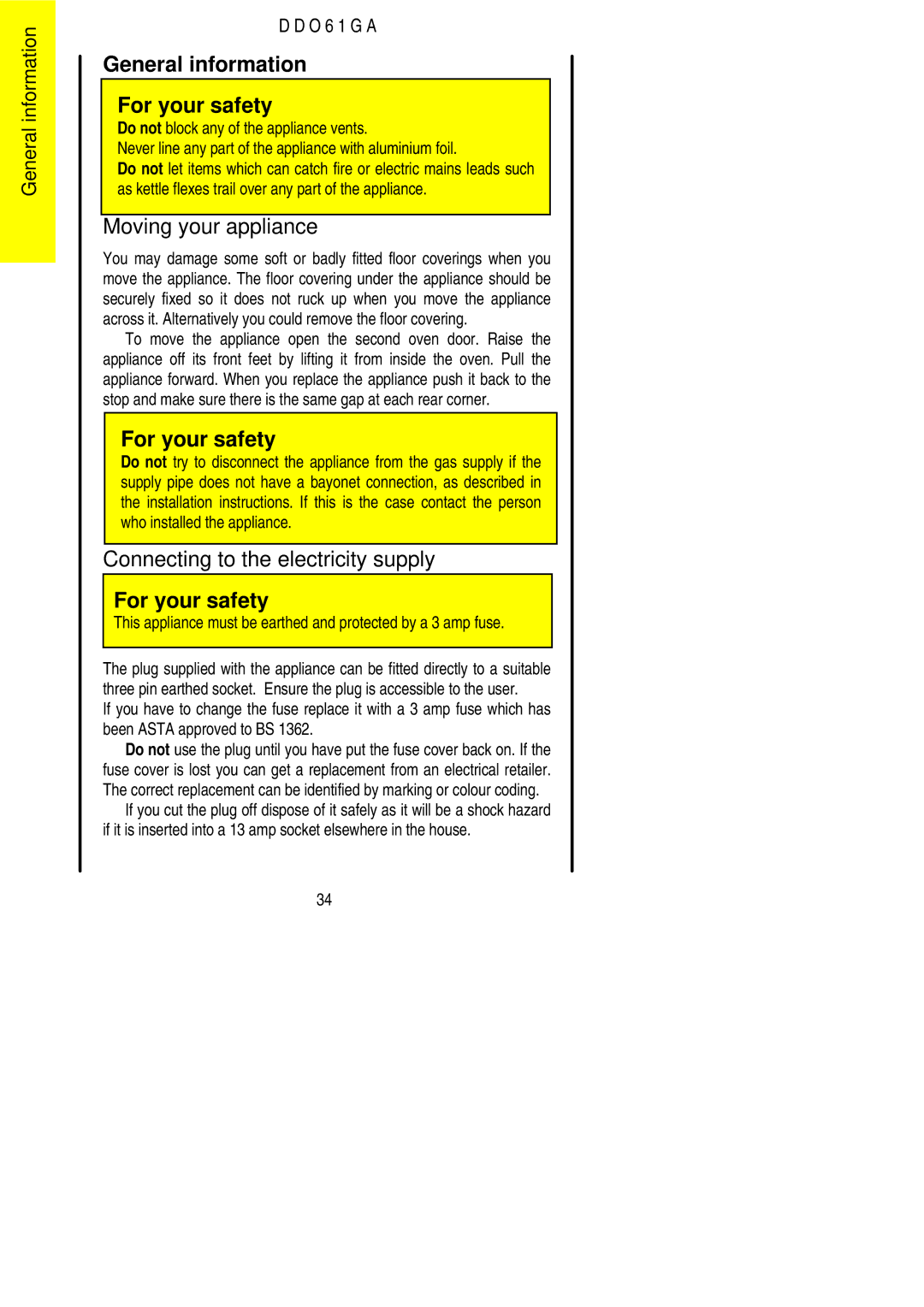 Electrolux DDO61GA manual General information For your safety, Moving your appliance, Connecting to the electricity supply 