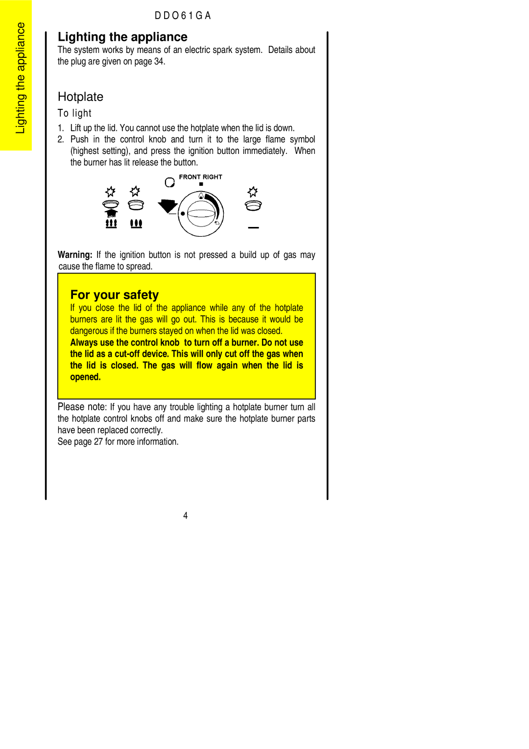 Electrolux DDO61GA manual Lighting the appliance, Hotplate 