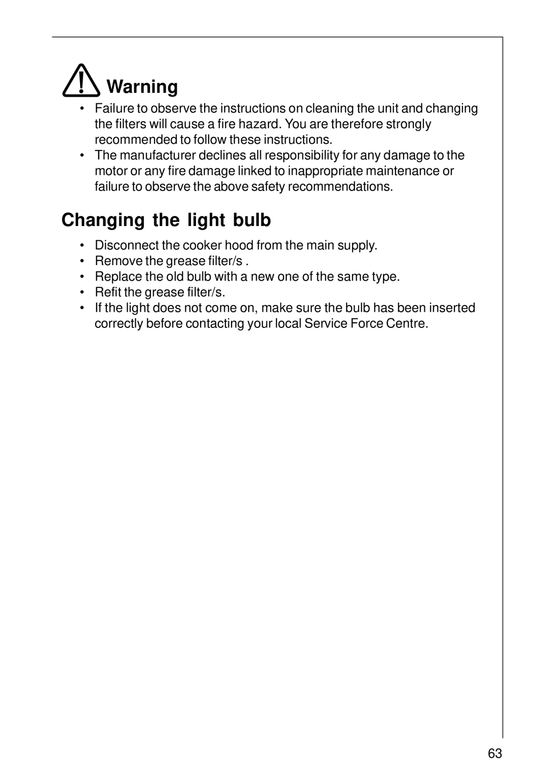 Electrolux CHDE 3160 installation instructions Changing the light bulb 