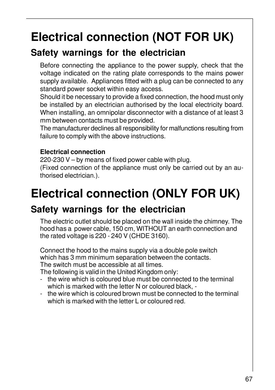 Electrolux CHDE 3160 installation instructions Electrical connection not for UK, Electrical connection only for UK 