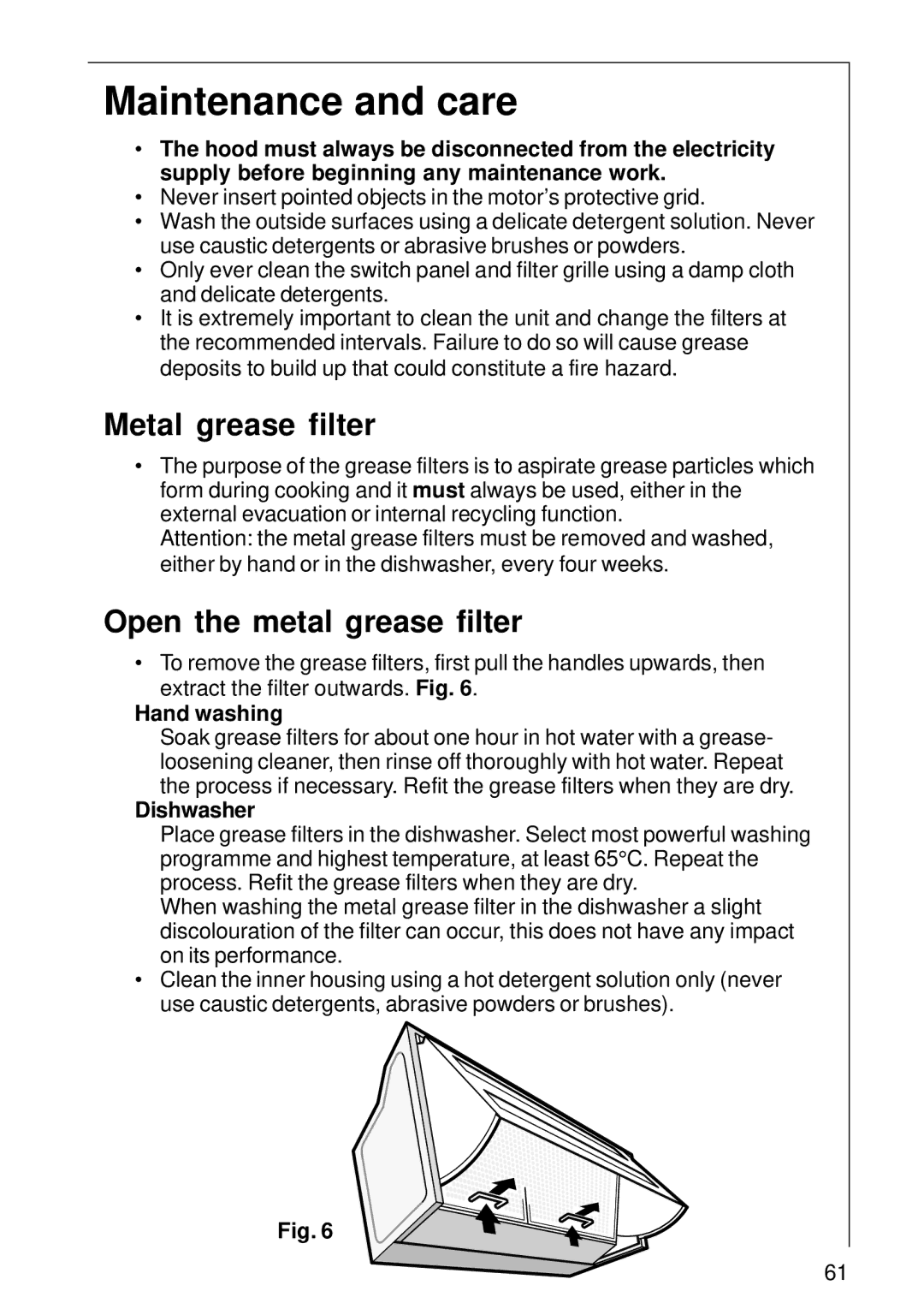 Electrolux DE 3160 Maintenance and care, Metal grease filter, Open the metal grease filter, Hand washing, Dishwasher 