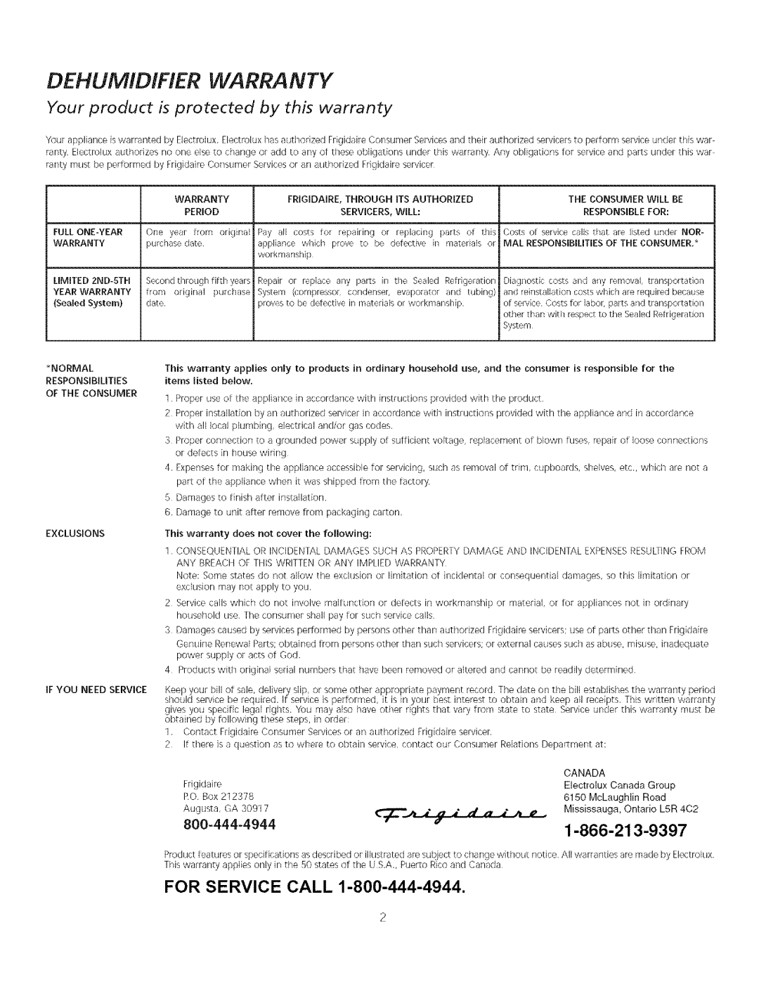 Electrolux Dehumidifier warranty DEHUMiDiFiER Warranty, Canada 