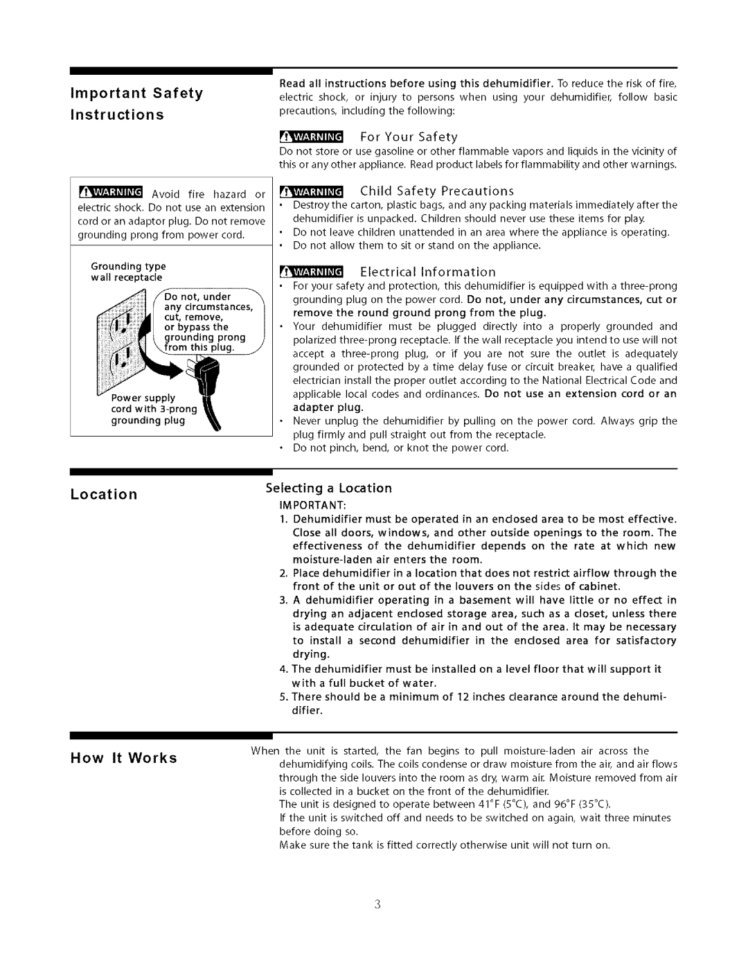 Electrolux Dehumidifier warranty Important Safety Instructions 