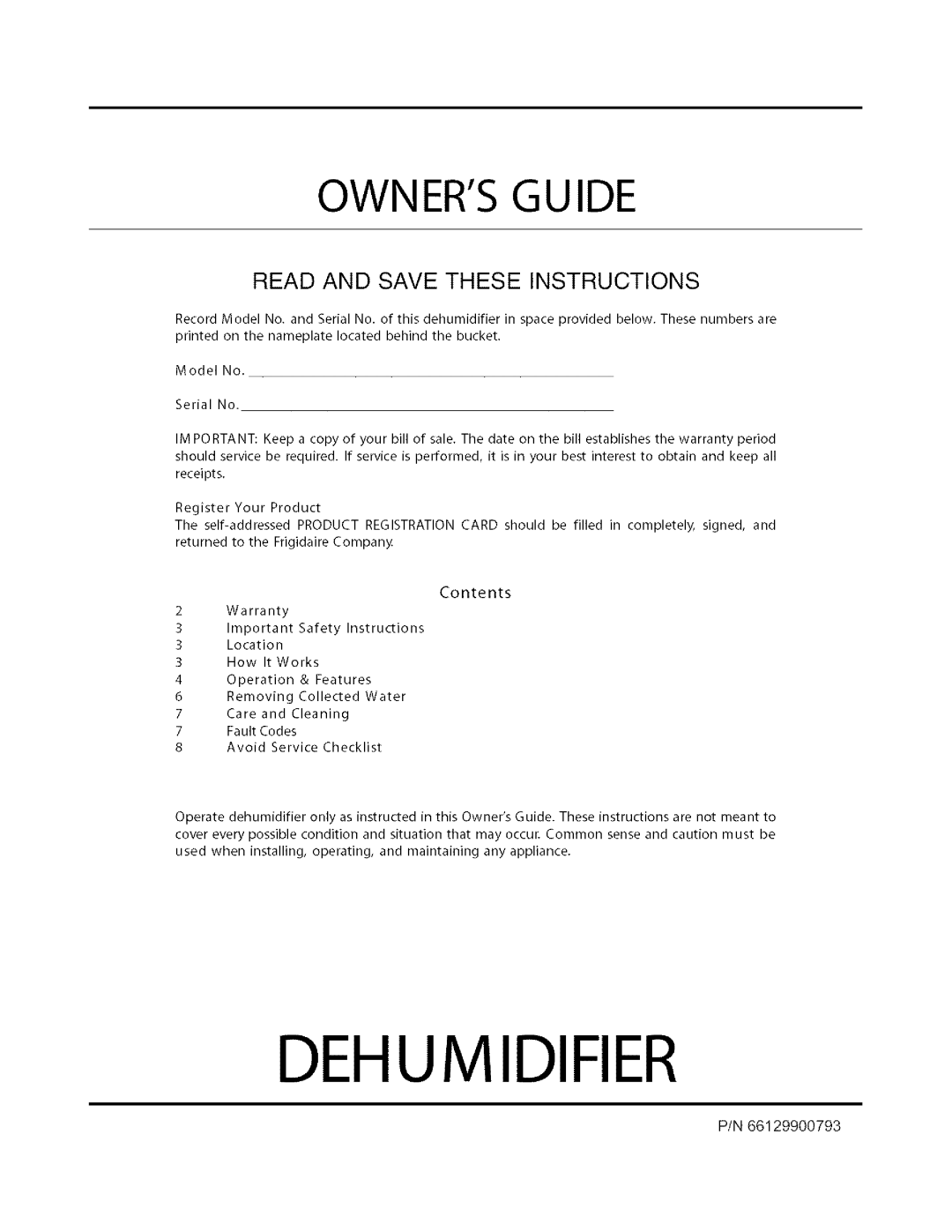Electrolux Dehumidifier warranty Read And Save These Instructions, Ownersguide, Contents 