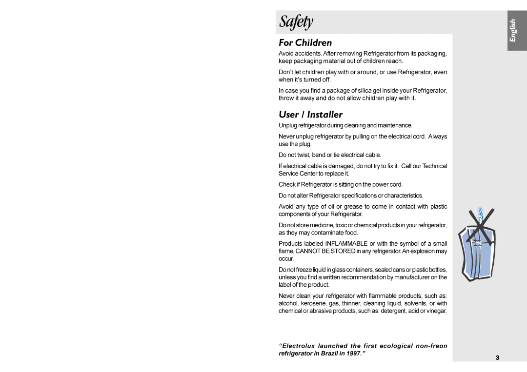 Electrolux DF36 manual Safety, For Children, User / Installer 