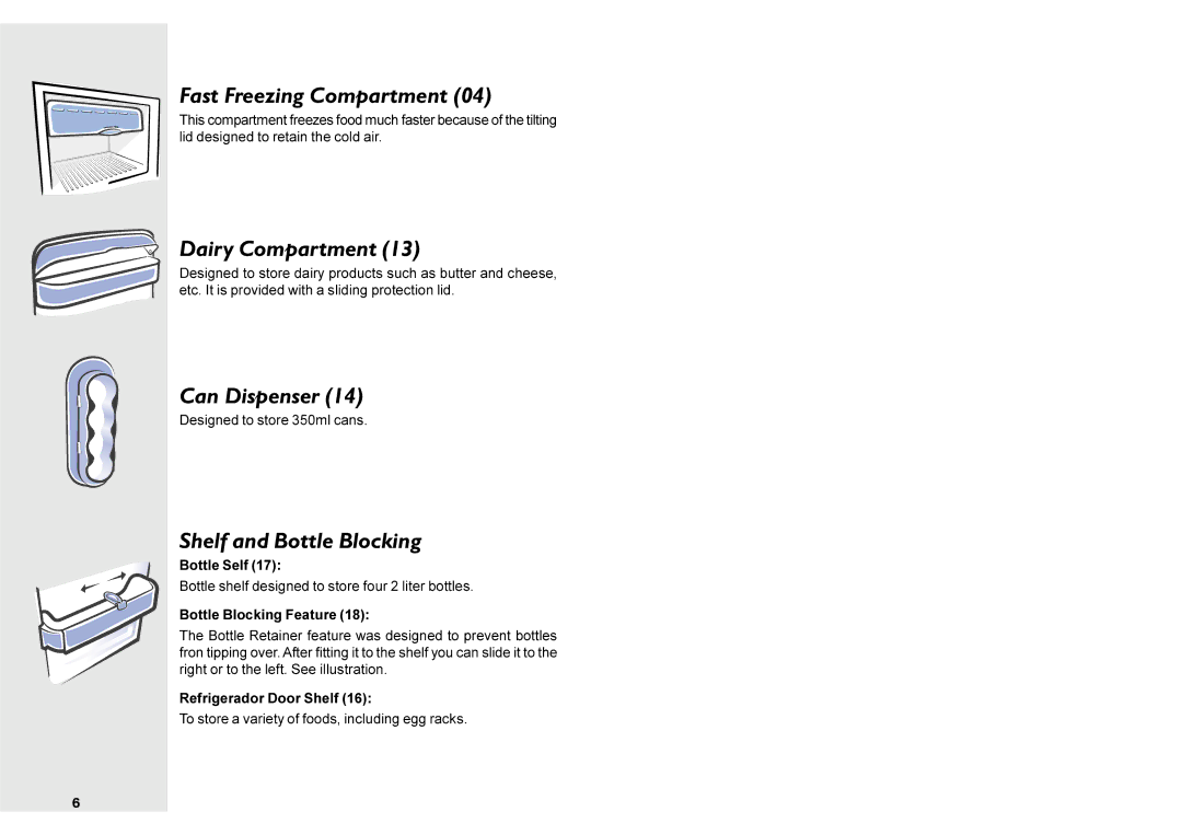 Electrolux DF36 manual Fast Freezing Compartment, Dairy Compartment, Can Dispenser, Shelf and Bottle Blocking 
