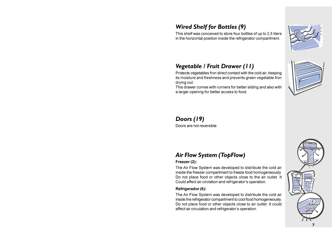 Electrolux DF36 manual Wired Shelf for Bottles, Vegetable / Fruit Drawer, Doors, Air Flow System TopFlow 
