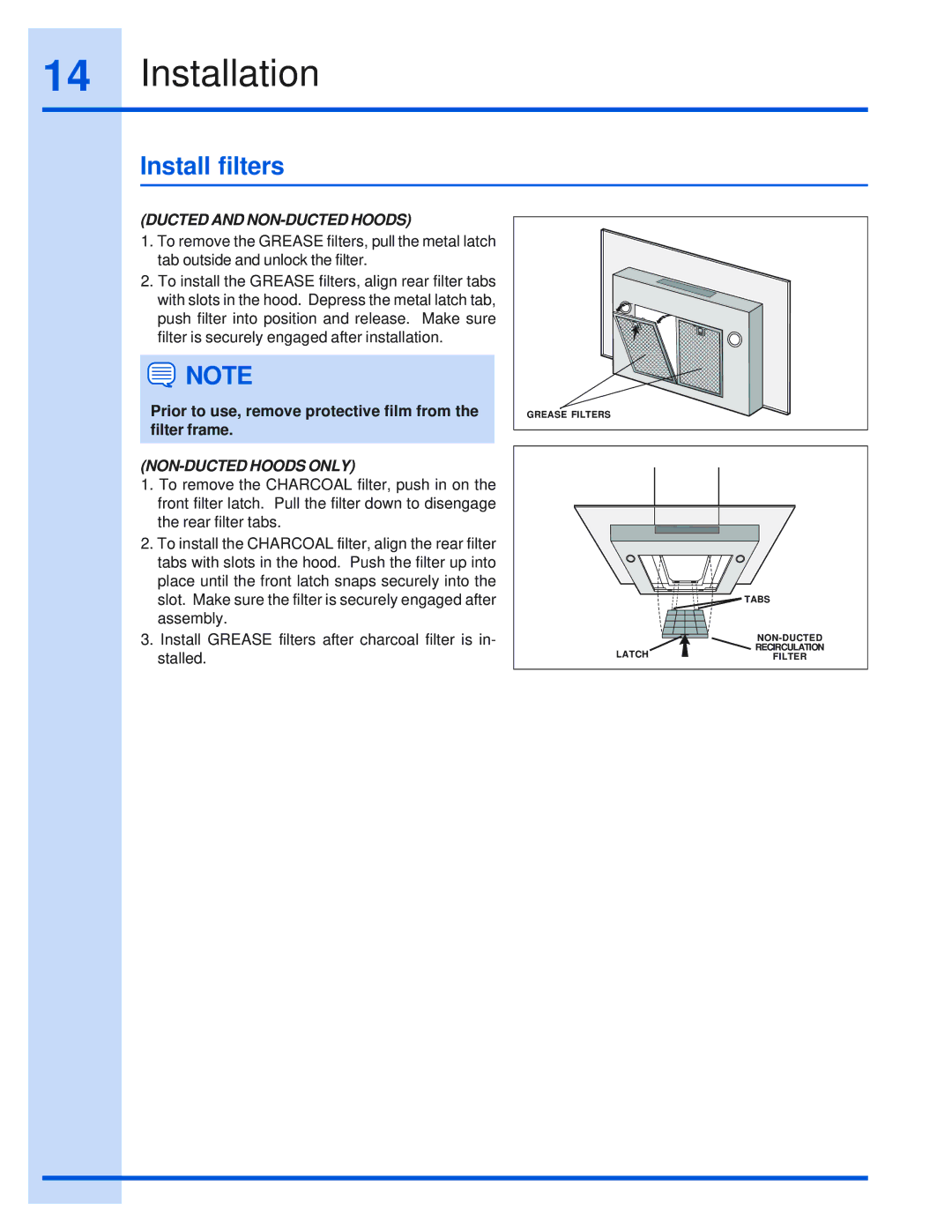 Electrolux DFKTWC75GS installation instructions Install filters, Ducted and NON-DUCTED Hoods, NON-DUCTED Hoods only 