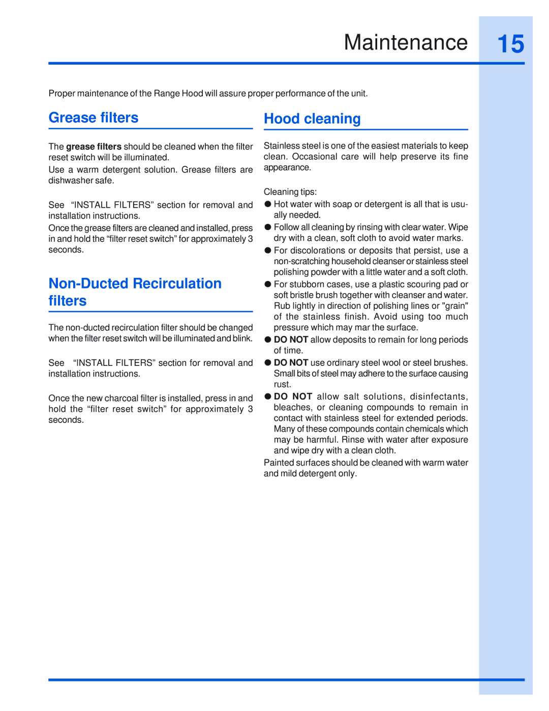 Electrolux DFKTWC75GS installation instructions Maintenance, Grease filters Hood cleaning, Non-Ducted Recirculation filters 