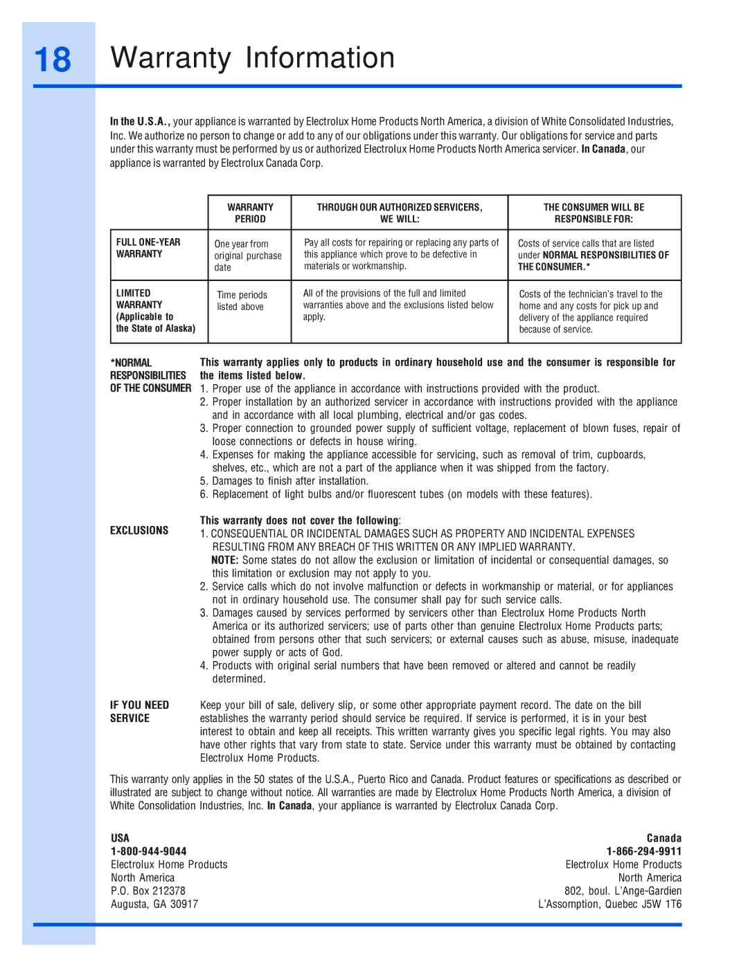 Electrolux DFKTWC75GS installation instructions Warranty Information 