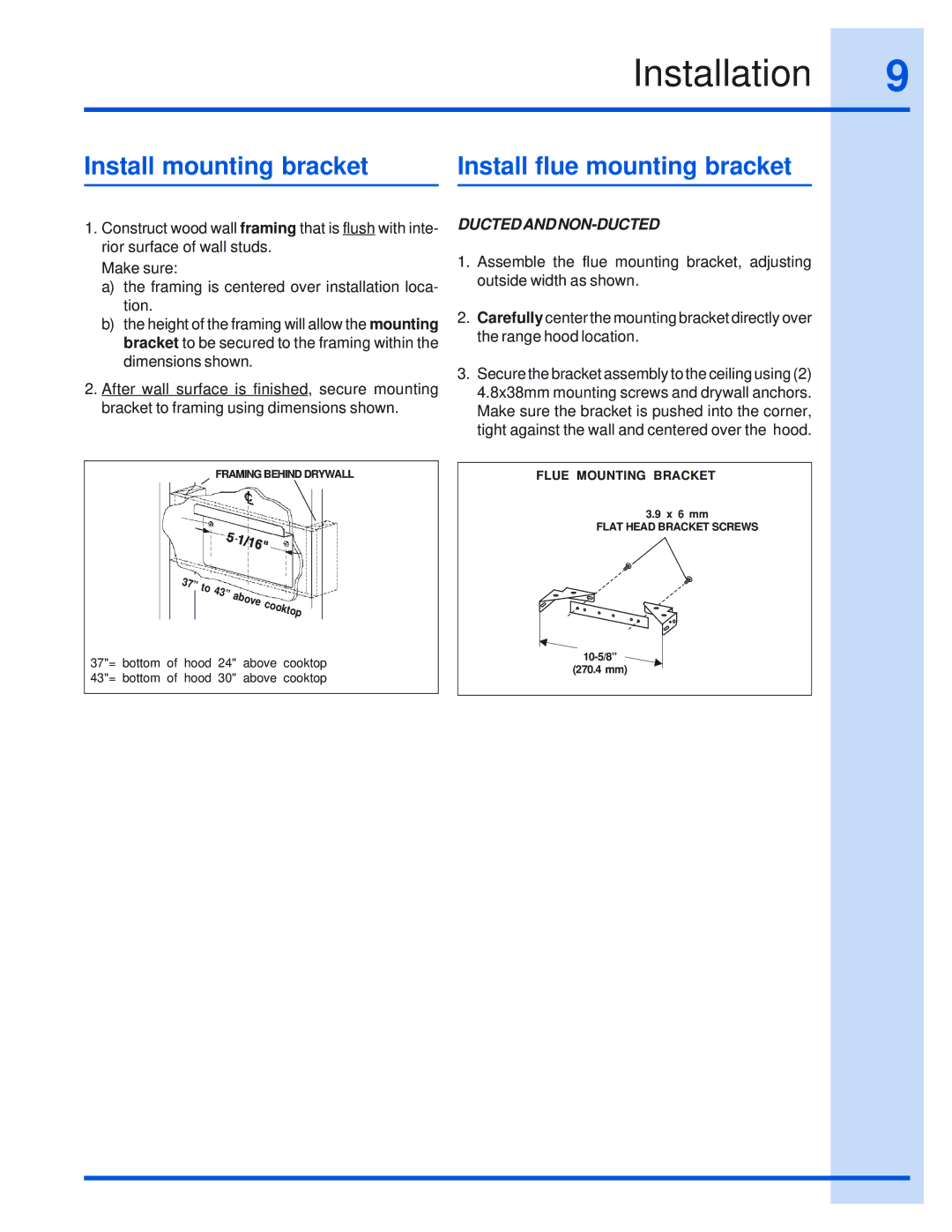 Electrolux DFKTWC75GS installation instructions Install mounting bracket Install flue mounting bracket, Ductedandnon-Ducted 