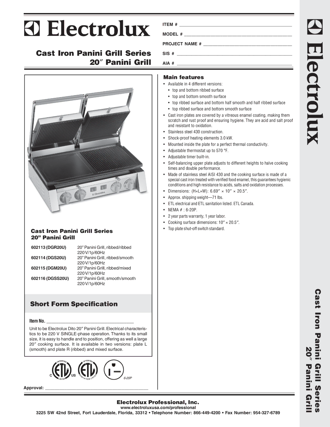 Electrolux 602116, DGR20U, DGM20U, DGS20U dimensions Cast Iron Panini Grill Series, 20″ Panini Grill, Cast Iron Panini 20″ 