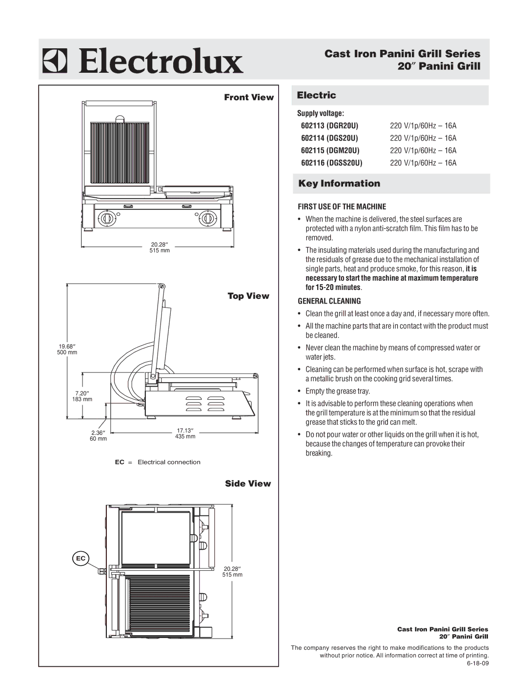 Electrolux DGM20U, DGR20U, 602116, DGS20U Cast Iron Panini Grill Series 20″ Panini Grill, Front View, Top View, Side View 