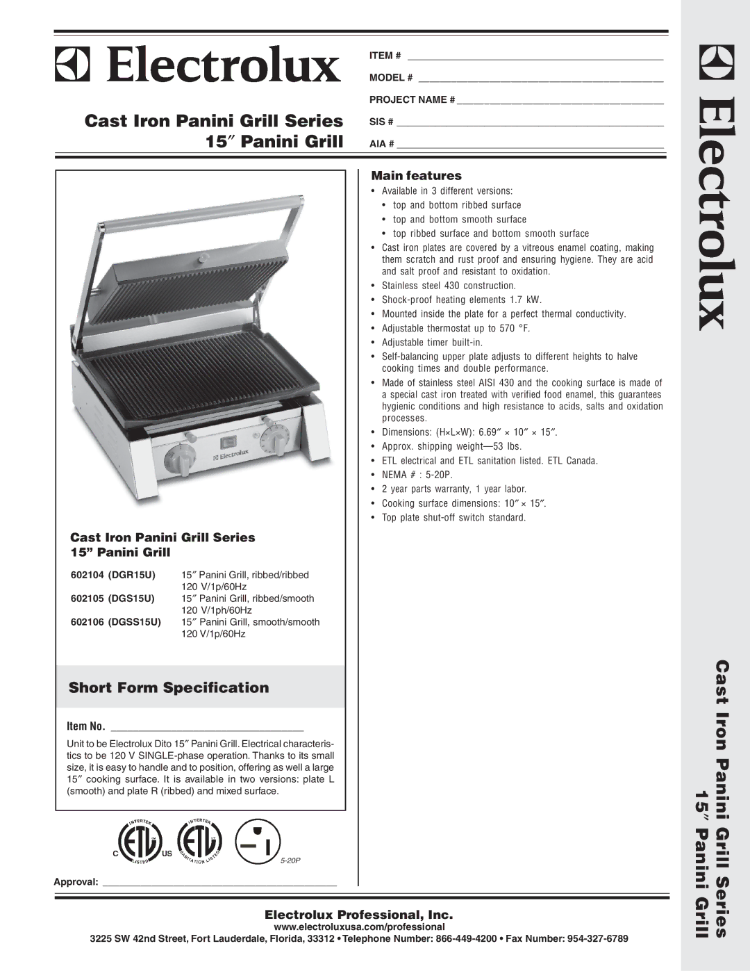 Electrolux 602104, DGSS15U, DGR15U, DGS15U dimensions Cast Iron Panini Grill Series, 15″ Panini Grill, Cast Iron Panini 15″ 