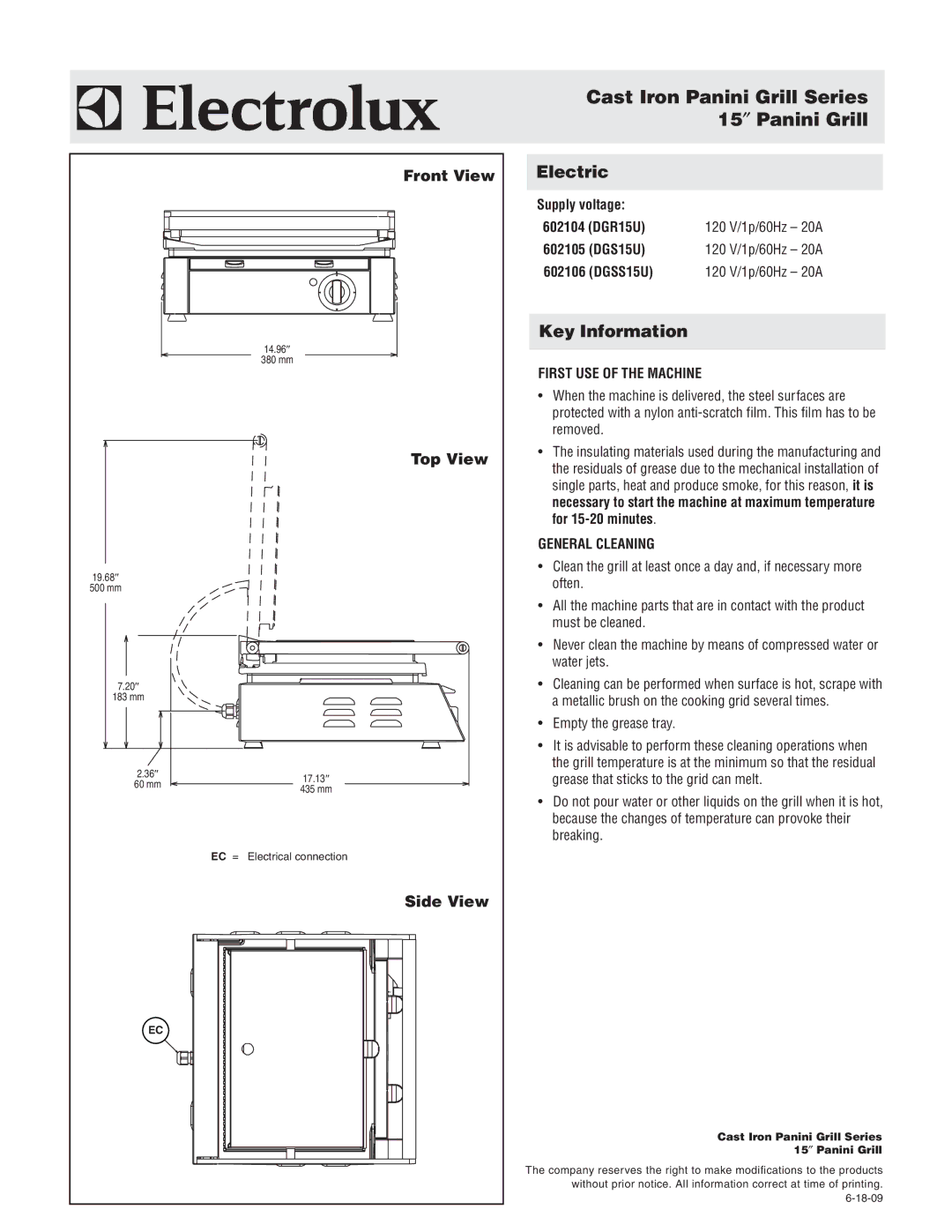 Electrolux DGR15U, DGSS15U, 602104, DGS15U, 602106 Cast Iron Panini Grill Series 15″ Panini Grill, Electric, Key Information 
