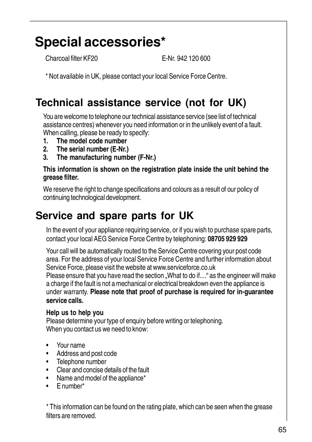 Electrolux CHDI 8610 Special accessories, Technical assistance service not for UK, Service and spare parts for UK 