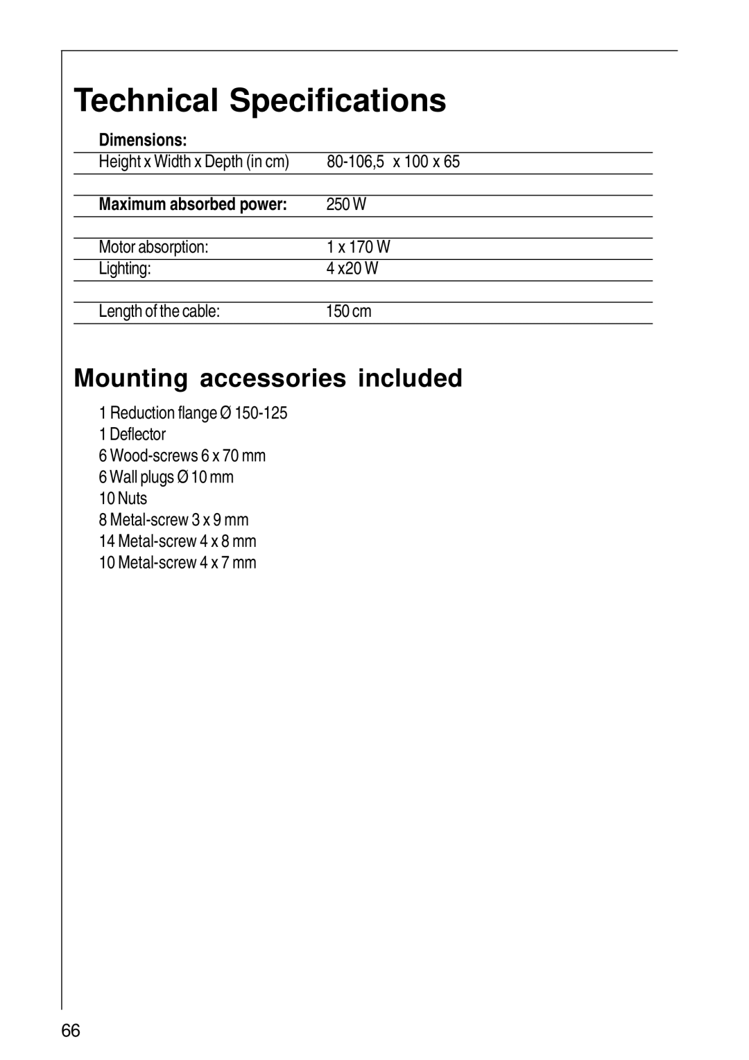 Electrolux CHDI 8610 installation instructions Technical Specifications, Mounting accessories included, Dimensions 