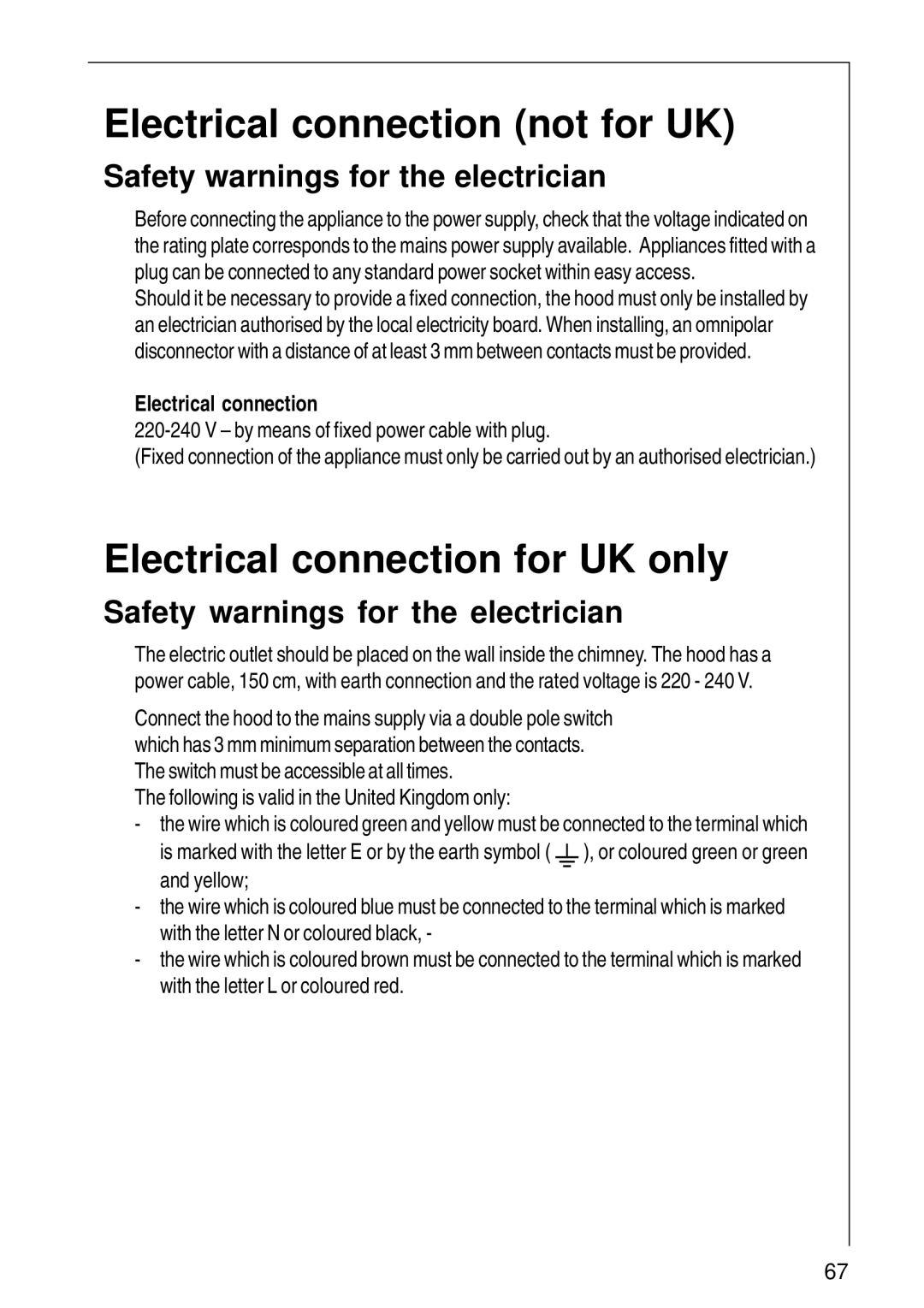 Electrolux CHDI 8610 installation instructions Electrical connection not for UK, Electrical connection for UK only 