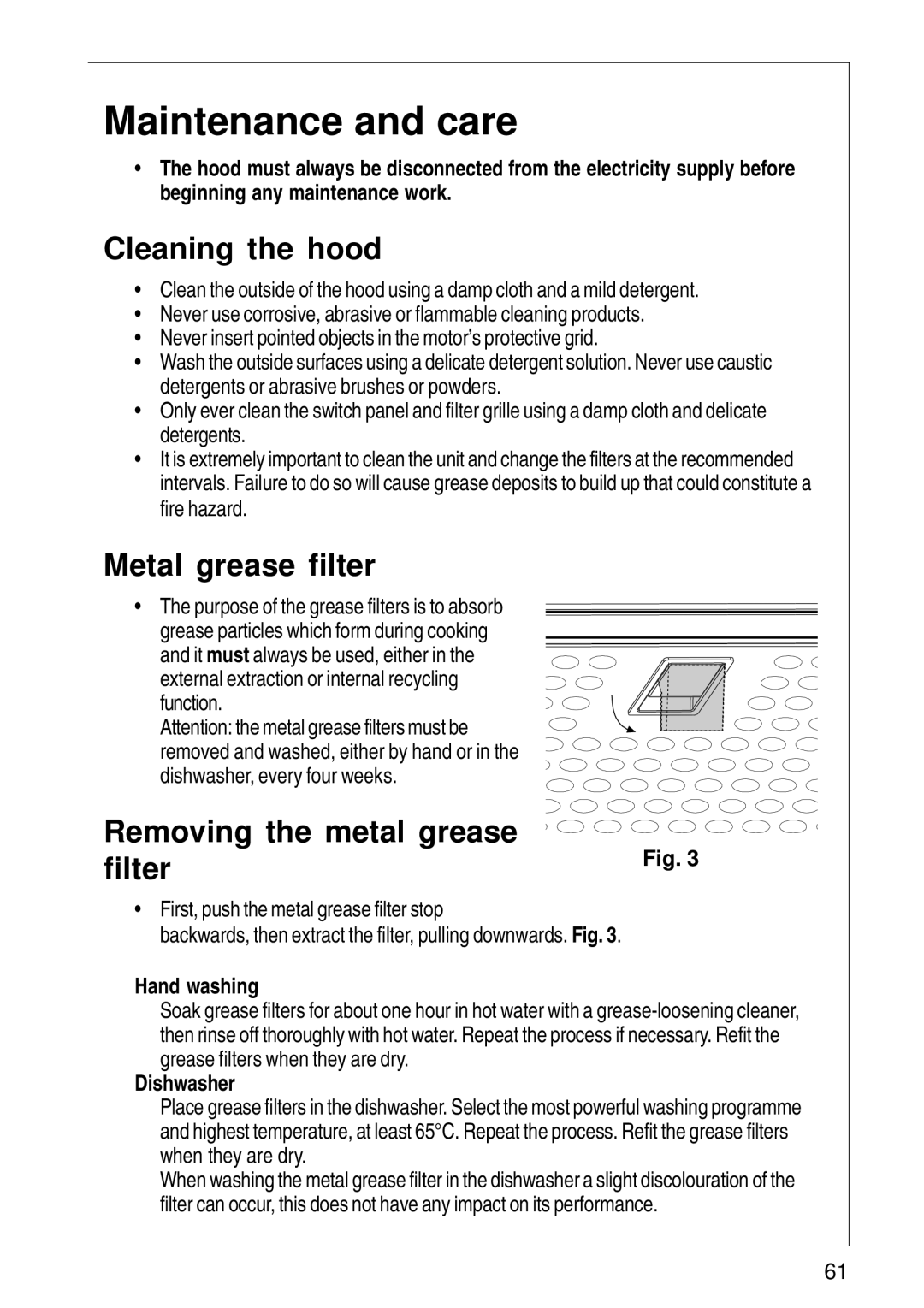 Electrolux DI 8610 Maintenance and care, Cleaning the hood, Metal grease filter, Removing the metal grease Filter 