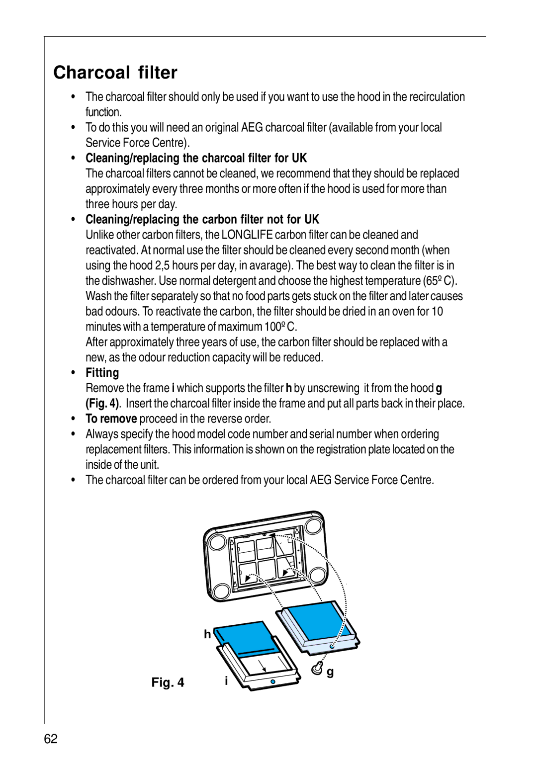 Electrolux CHDI 8610 installation instructions Charcoal filter, Cleaning/replacing the charcoal filter for UK, Fitting 