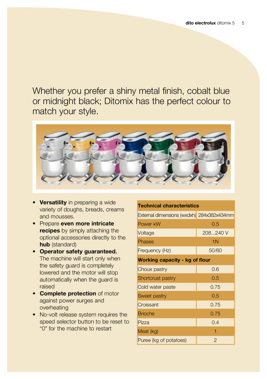 Electrolux Ditomix 5 manual Technical characteristics 