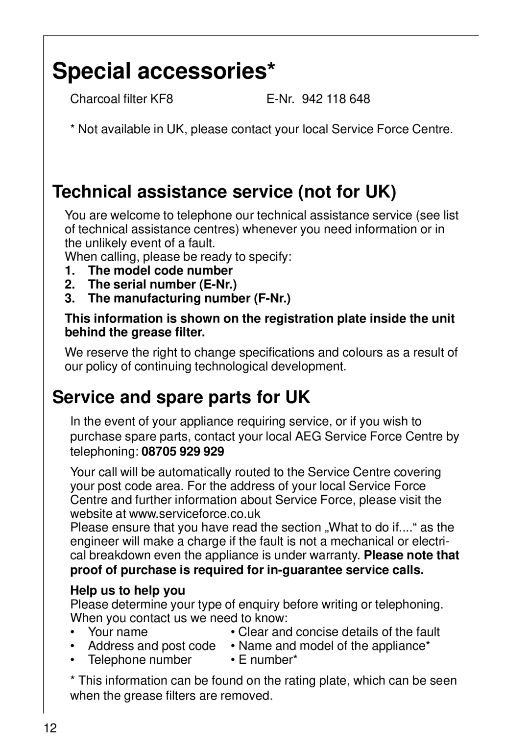 Electrolux CHDL 4150, 5708 D Special accessories, Technical assistance service not for UK, Service and spare parts for UK 