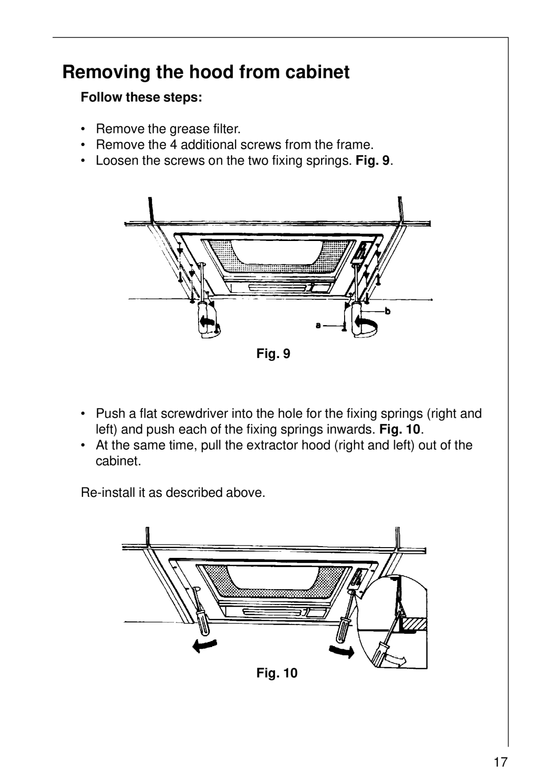 Electrolux CHDL 4150, 5708 D, 570 D, DL 6250 installation instructions Removing the hood from cabinet, Follow these steps 